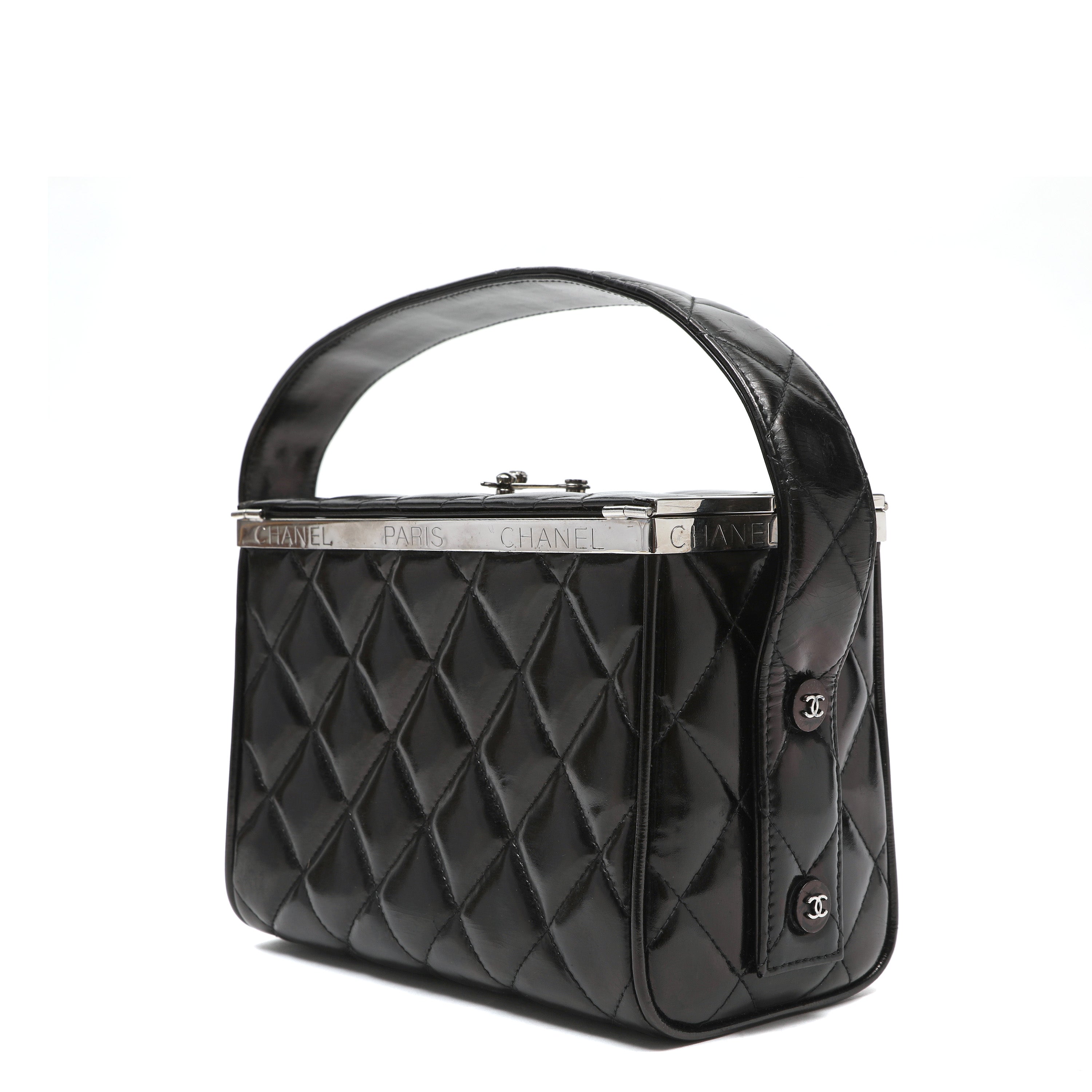 Chanel Metal Frame Vanity Box Black Quilted Patent Leather