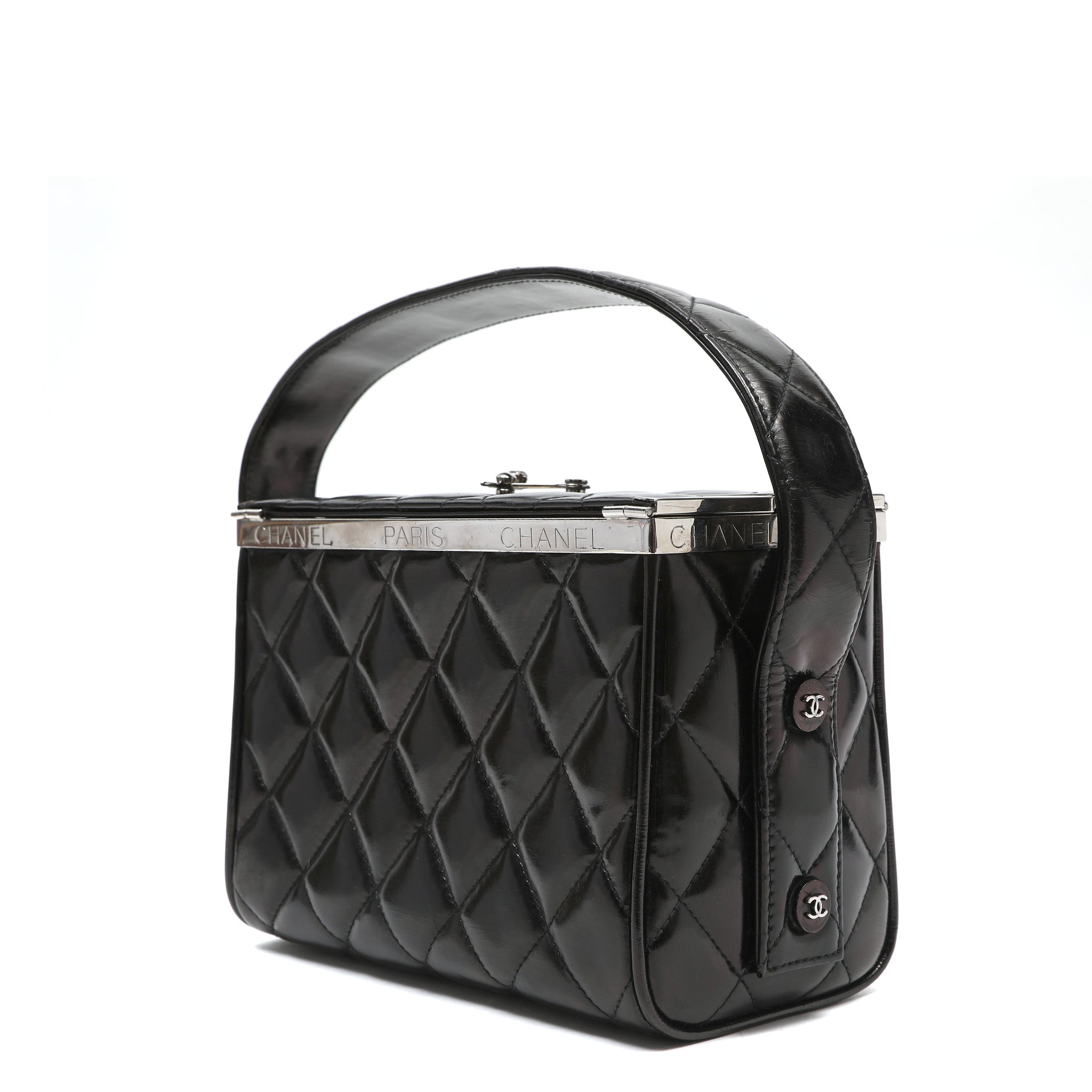 Chanel Metal Frame Vanity Box Black Quilted Patent Leather