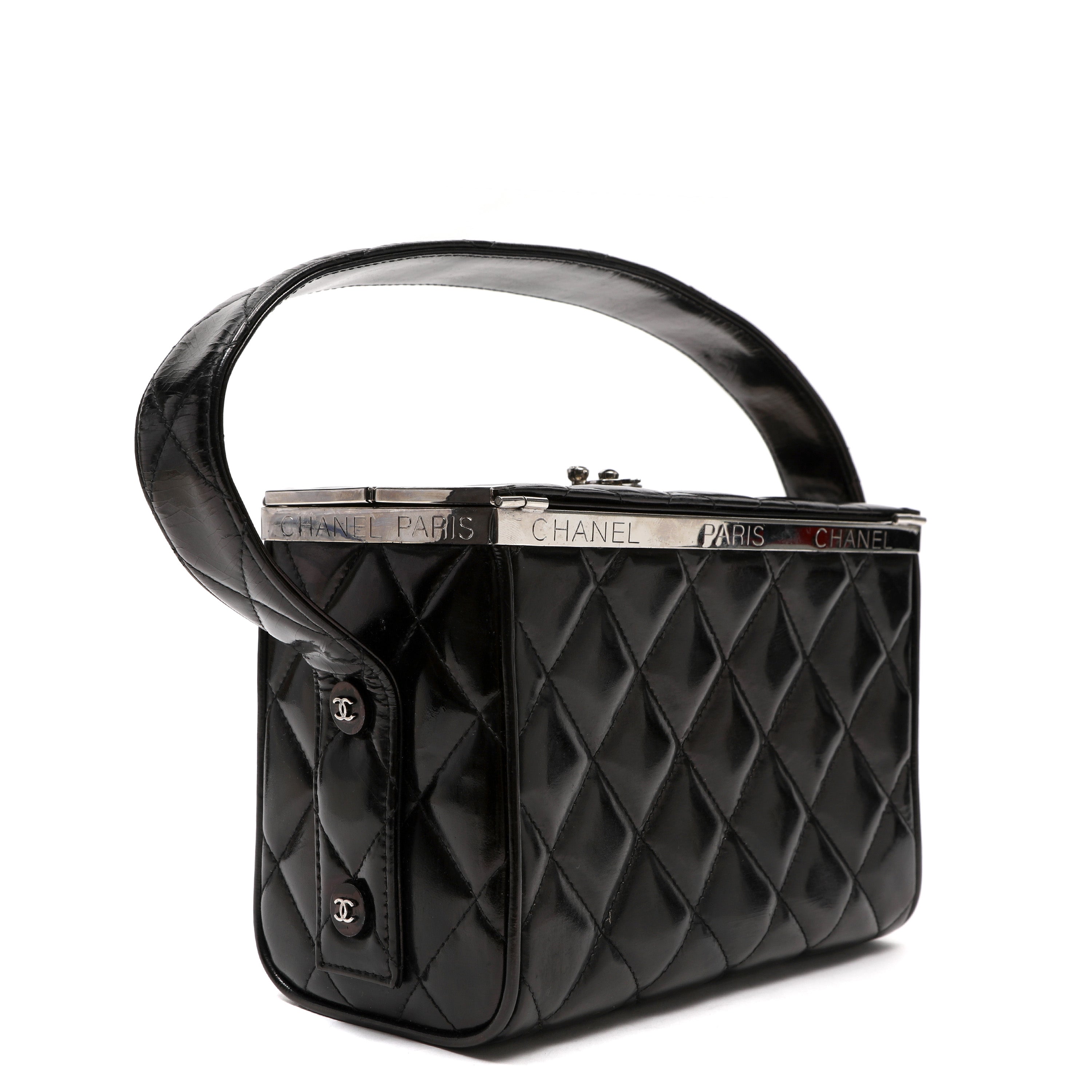 Chanel Metal Frame Vanity Box Black Quilted Patent Leather