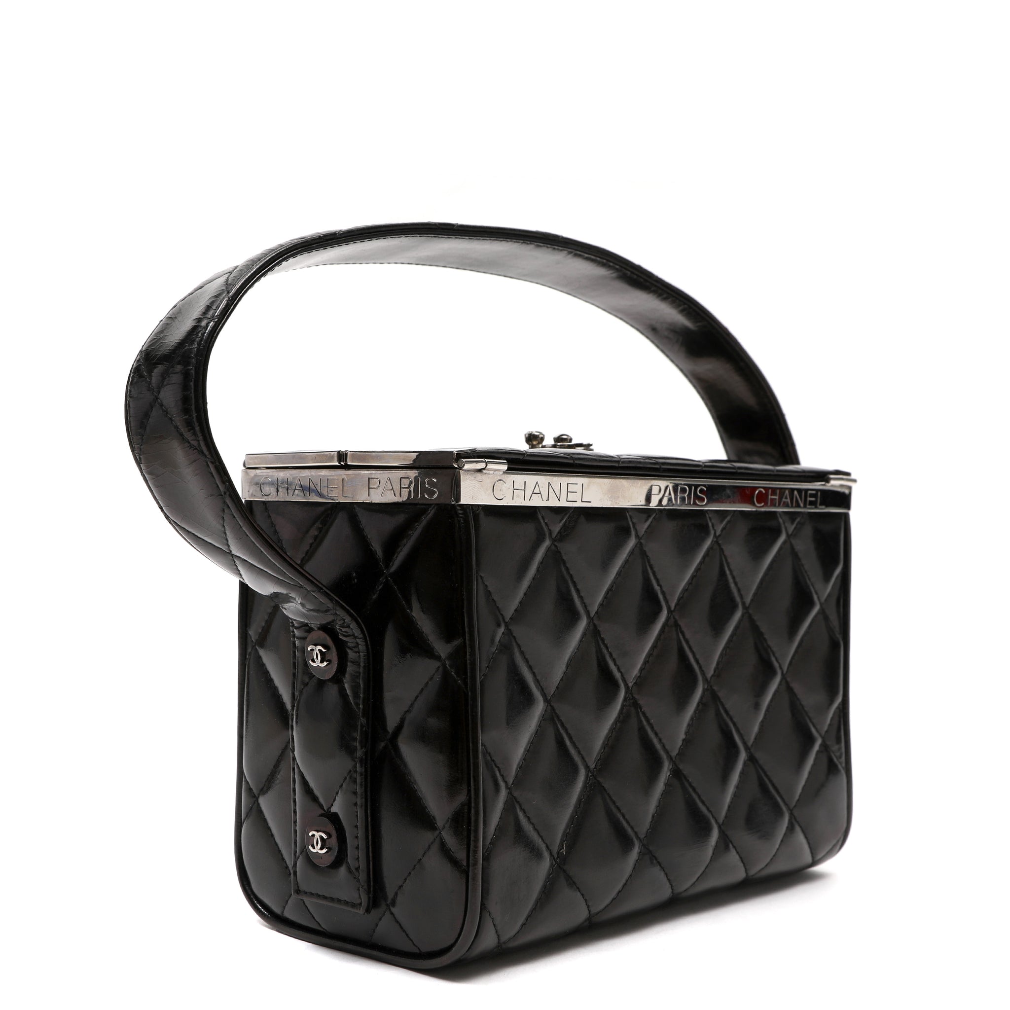 Chanel Metal Frame Vanity Box Black Quilted Patent Leather