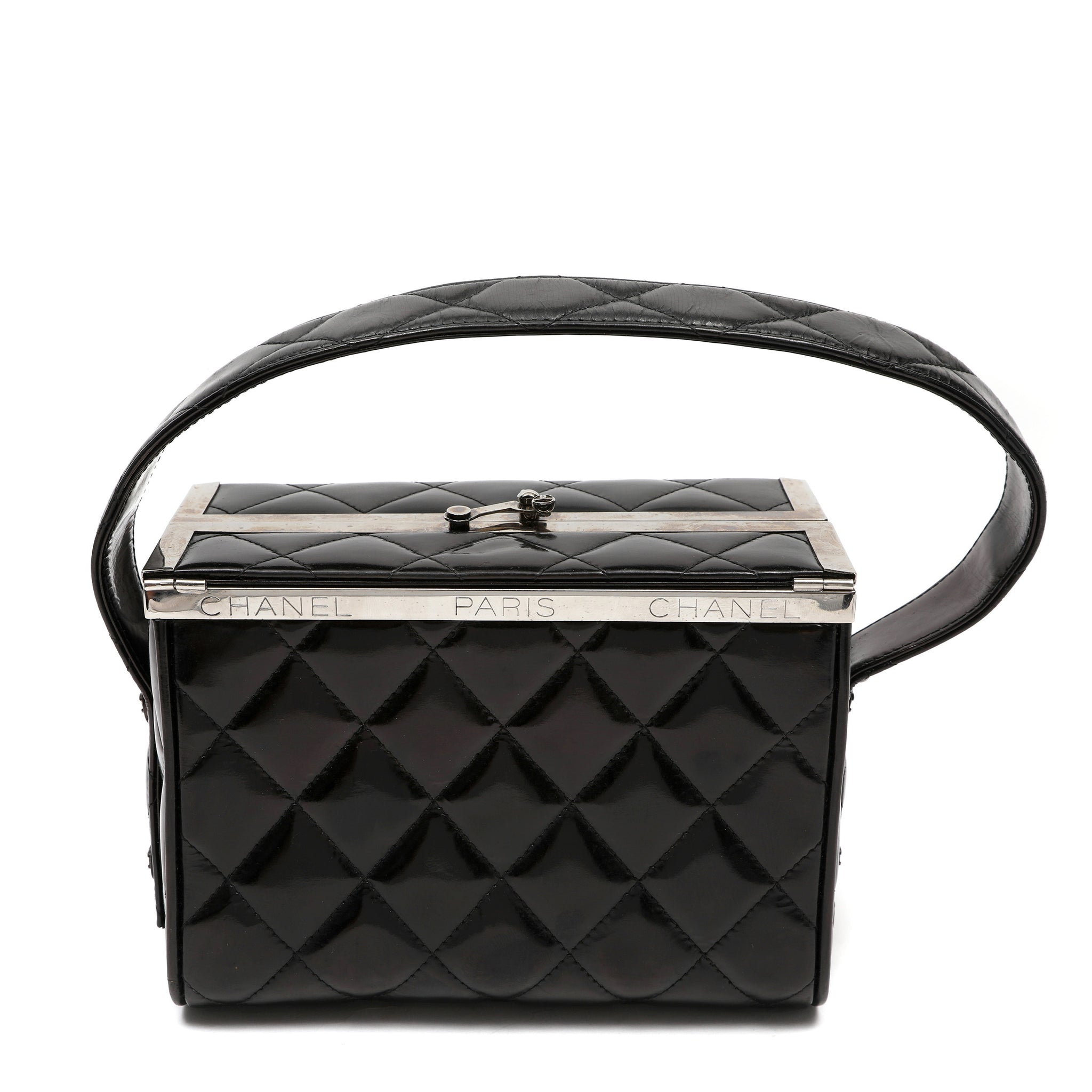 Chanel Metal Frame Vanity Box Black Quilted Patent Leather