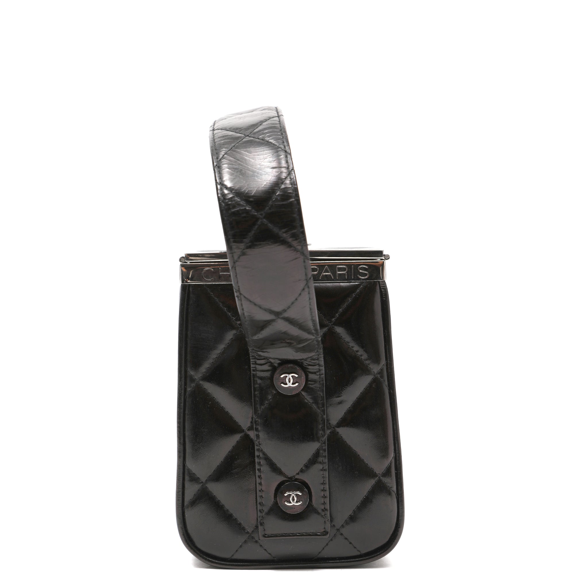 Chanel Metal Frame Vanity Box Black Quilted Patent Leather