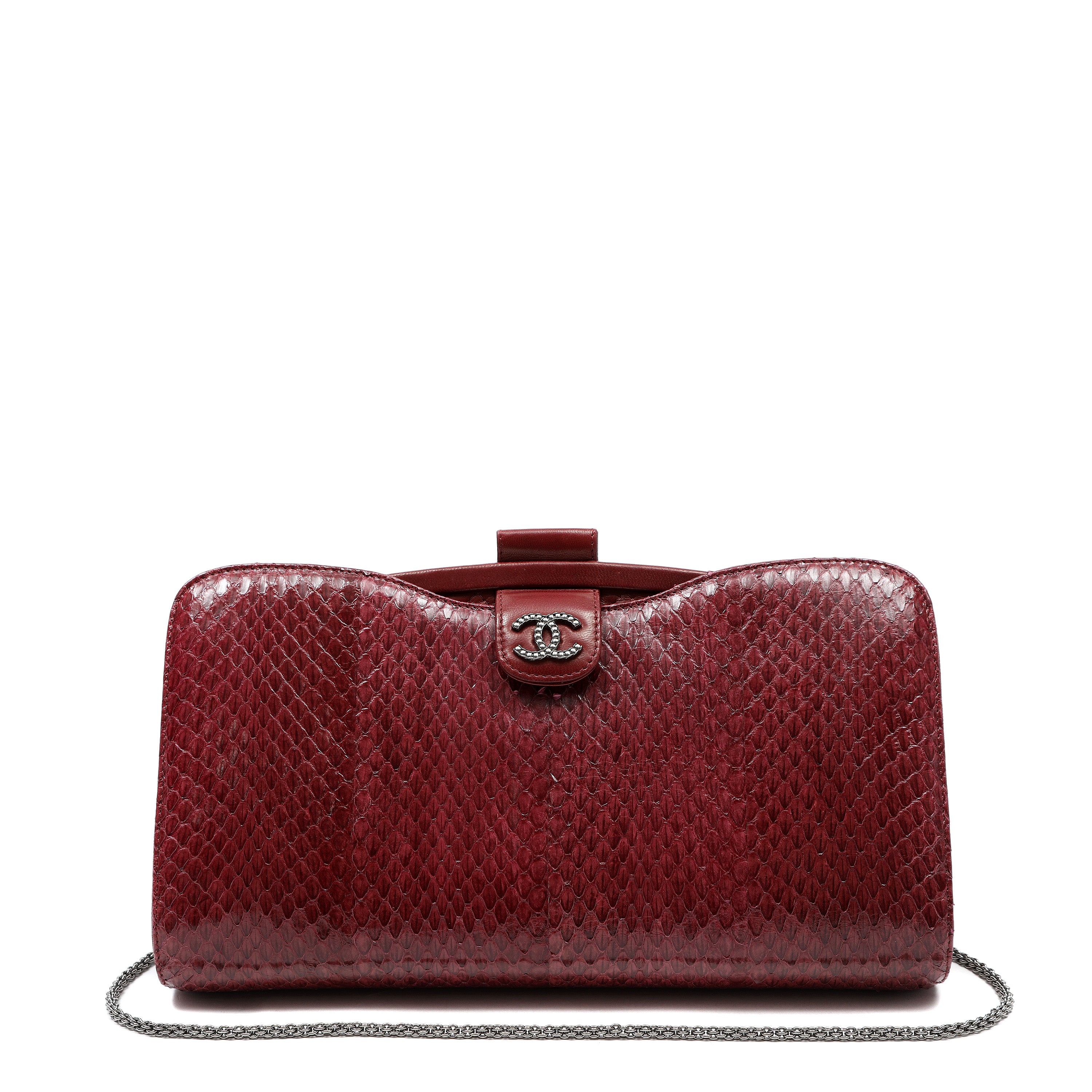 Chanel Clutch Burgundy Snakeskin w/CC and Ruthenium Hardware