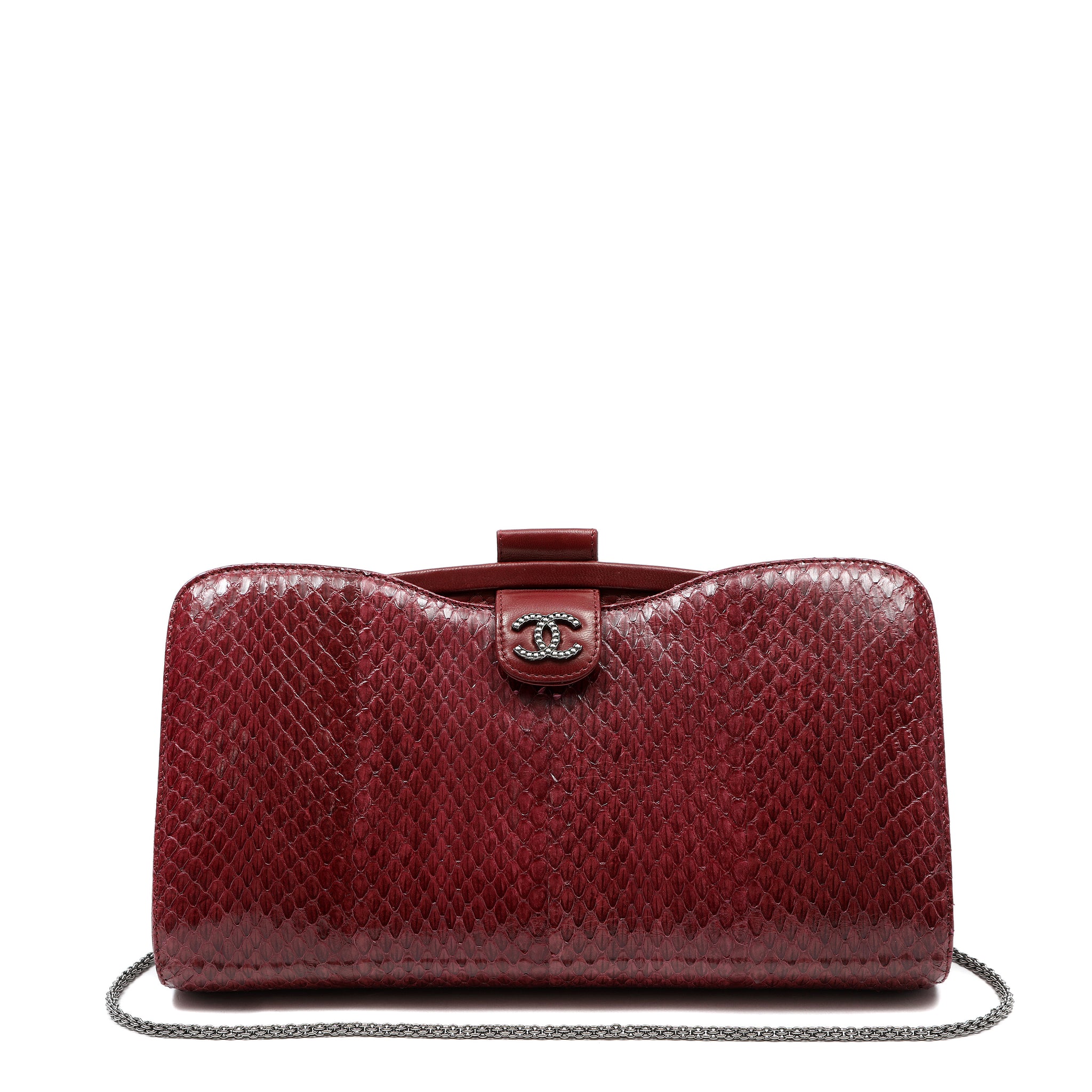 Chanel Clutch Burgundy Snakeskin w/CC and Ruthenium Hardware