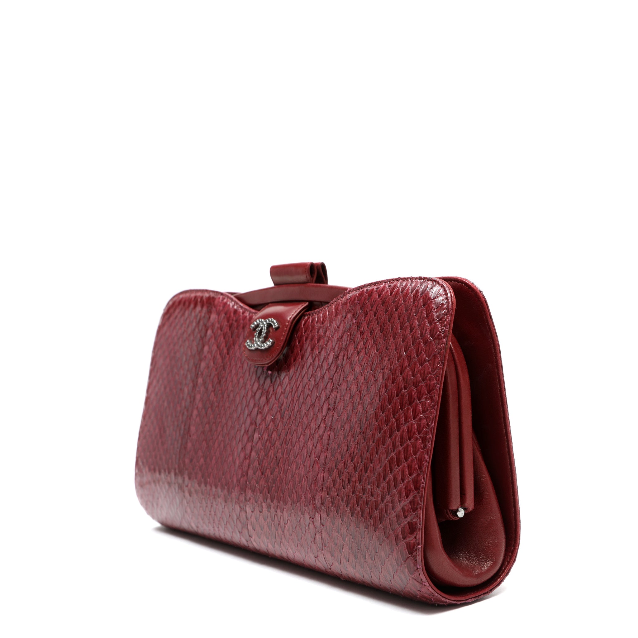 Chanel Clutch Burgundy Snakeskin w/CC and Ruthenium Hardware