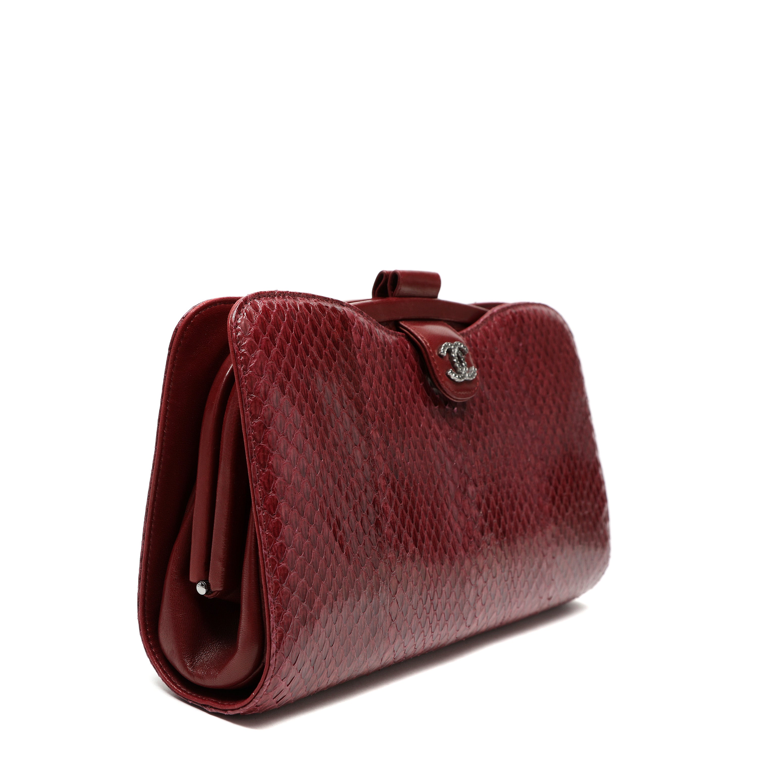 Chanel Clutch Burgundy Snakeskin w/CC and Ruthenium Hardware