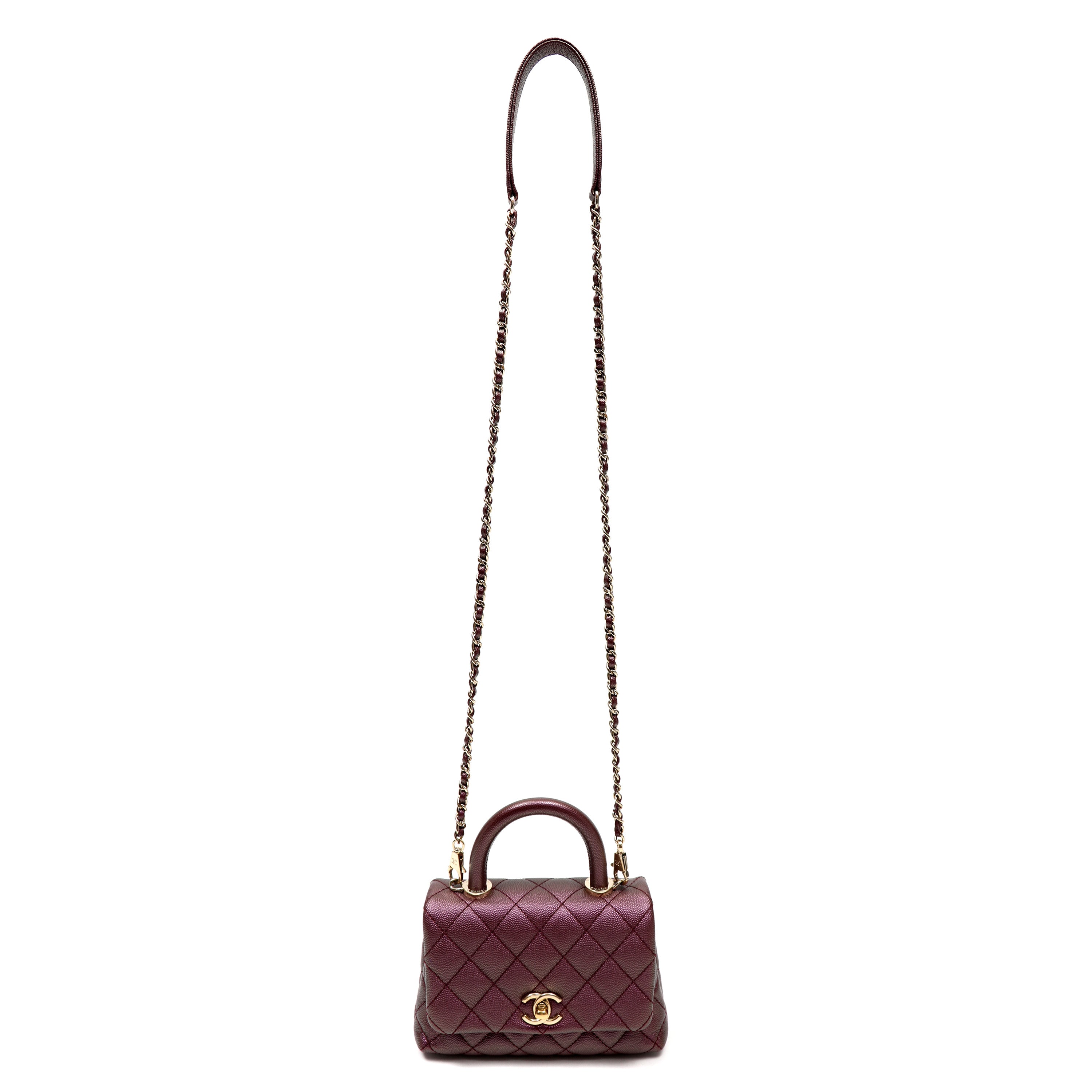 Chanel Coco Handle Bag Mini Quilted Burgundy Caviar Leather w/Gold Hardware