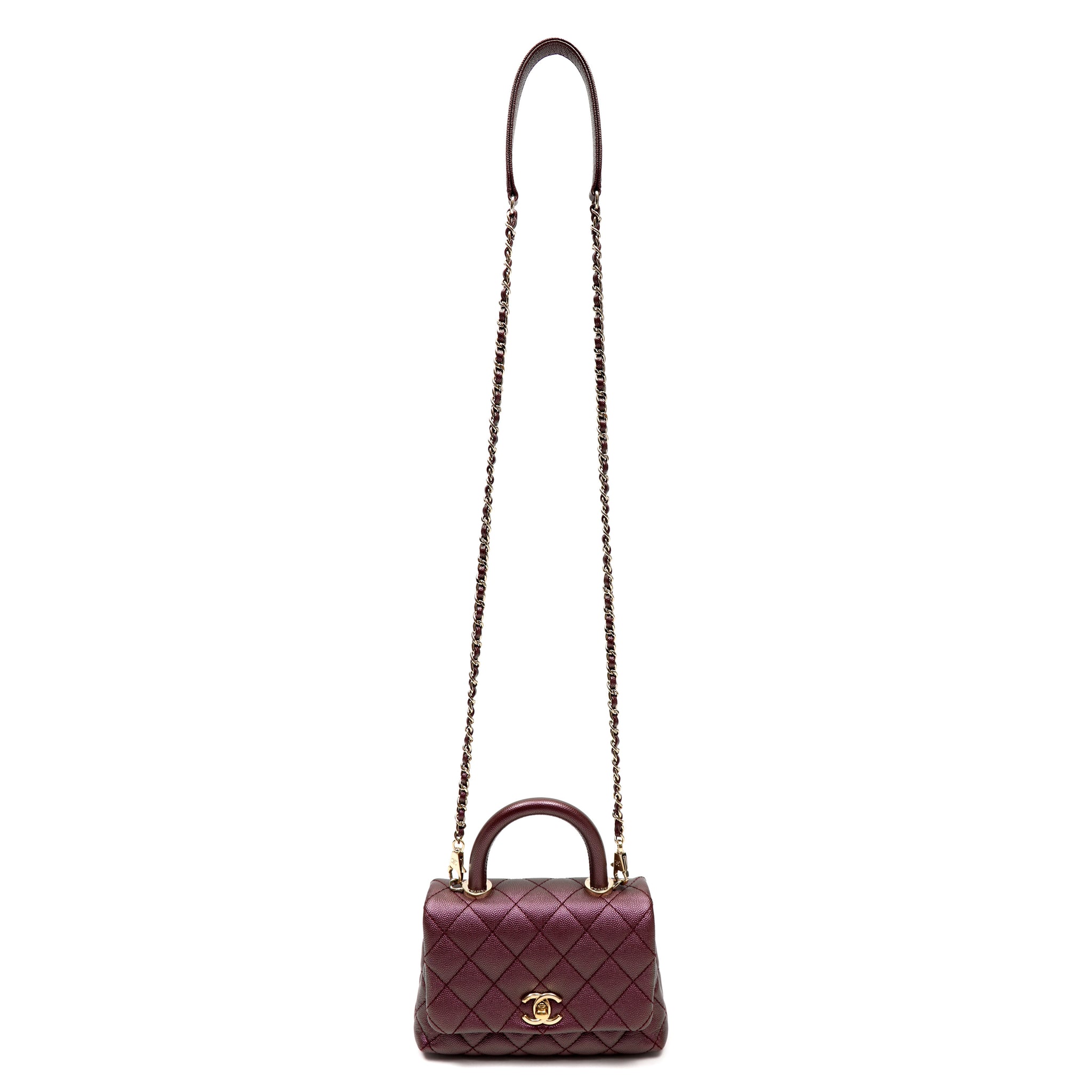 Chanel Coco Handle Bag Mini Quilted Burgundy Caviar Leather w/Gold Hardware
