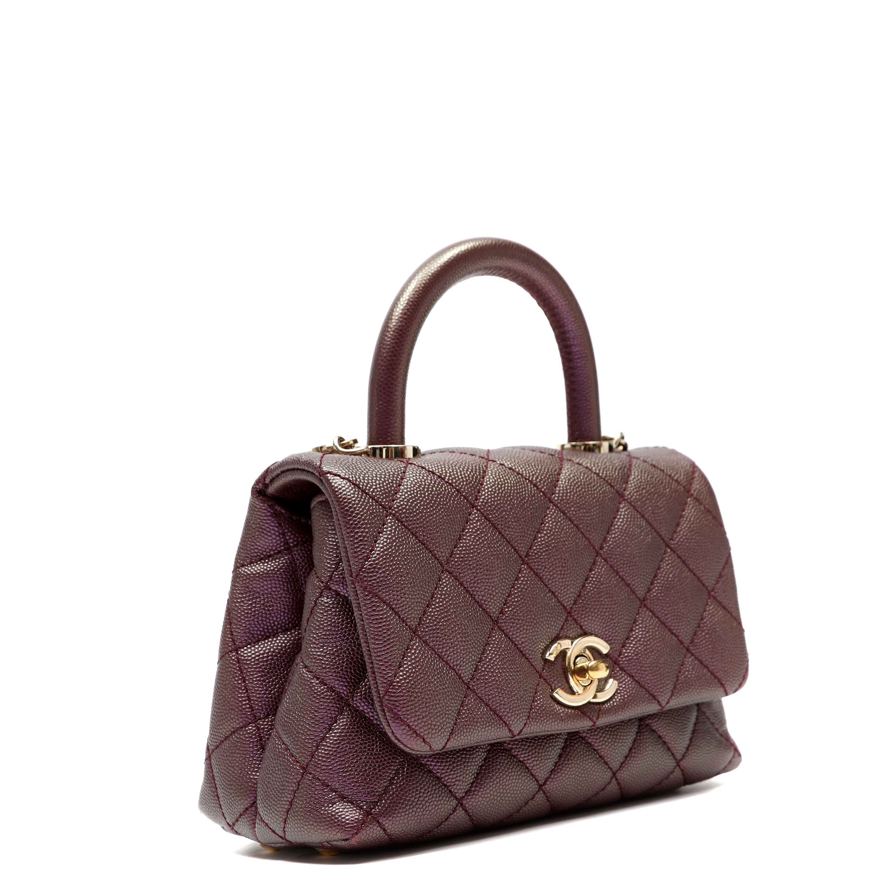 Chanel Coco Handle Bag Mini Quilted Burgundy Caviar Leather w/Gold Hardware