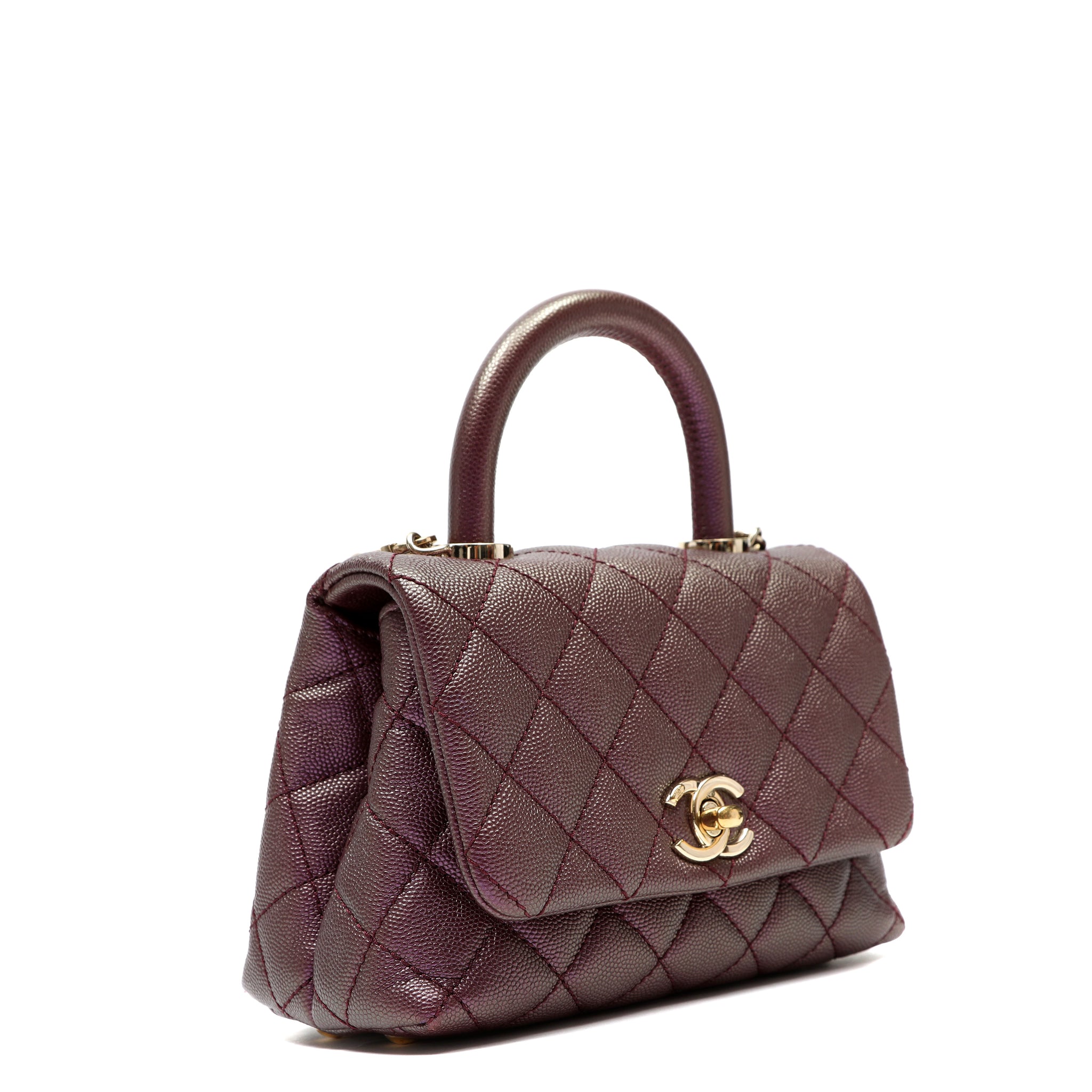 Chanel Coco Handle Bag Mini Quilted Burgundy Caviar Leather w/Gold Hardware