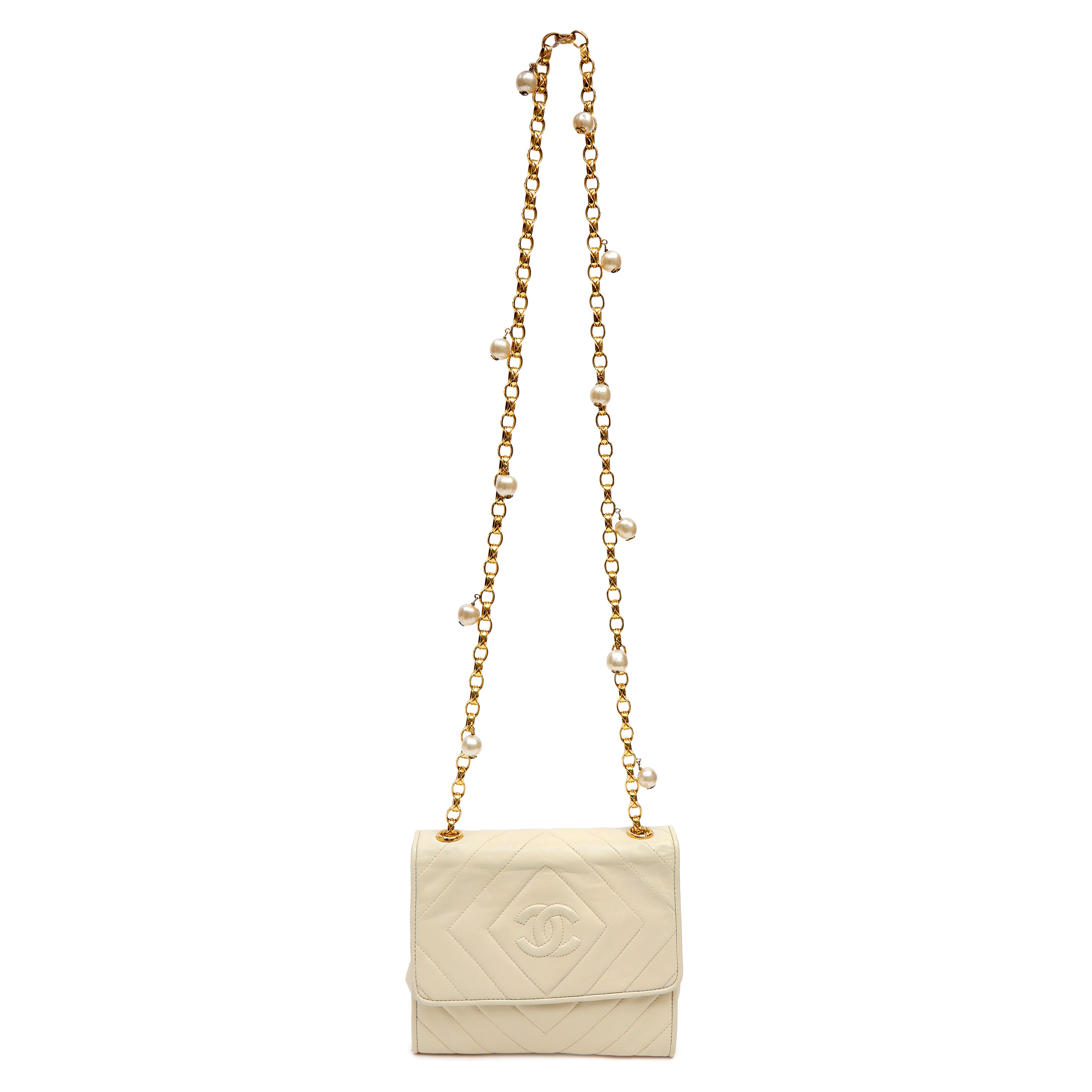 Chanel Diamond Quilted Lambskin Shoulder Bag w Gold Chain Strap Featuring Pearls