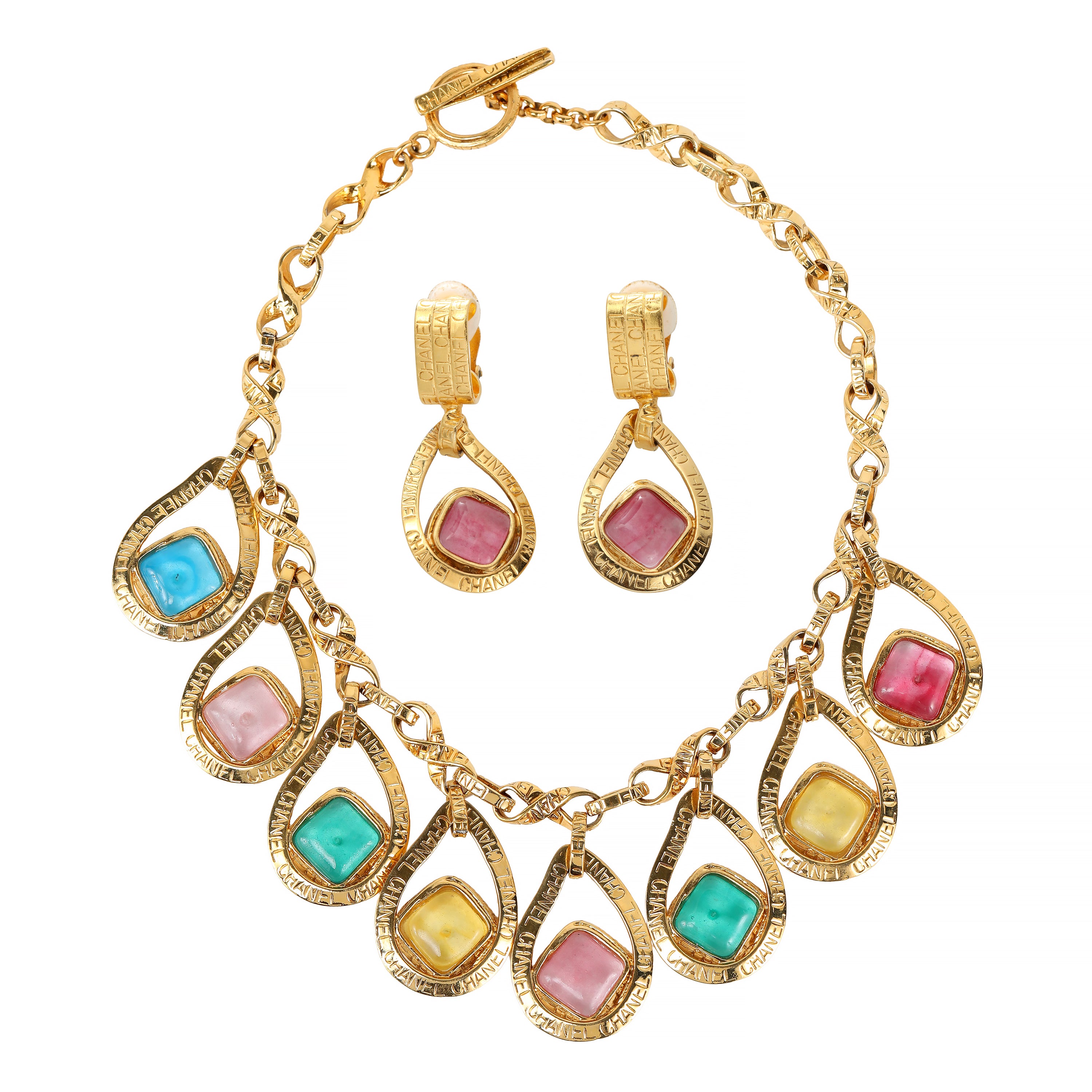 Chanel Gold Necklace Matching Earrings Set Poured Glass Stones