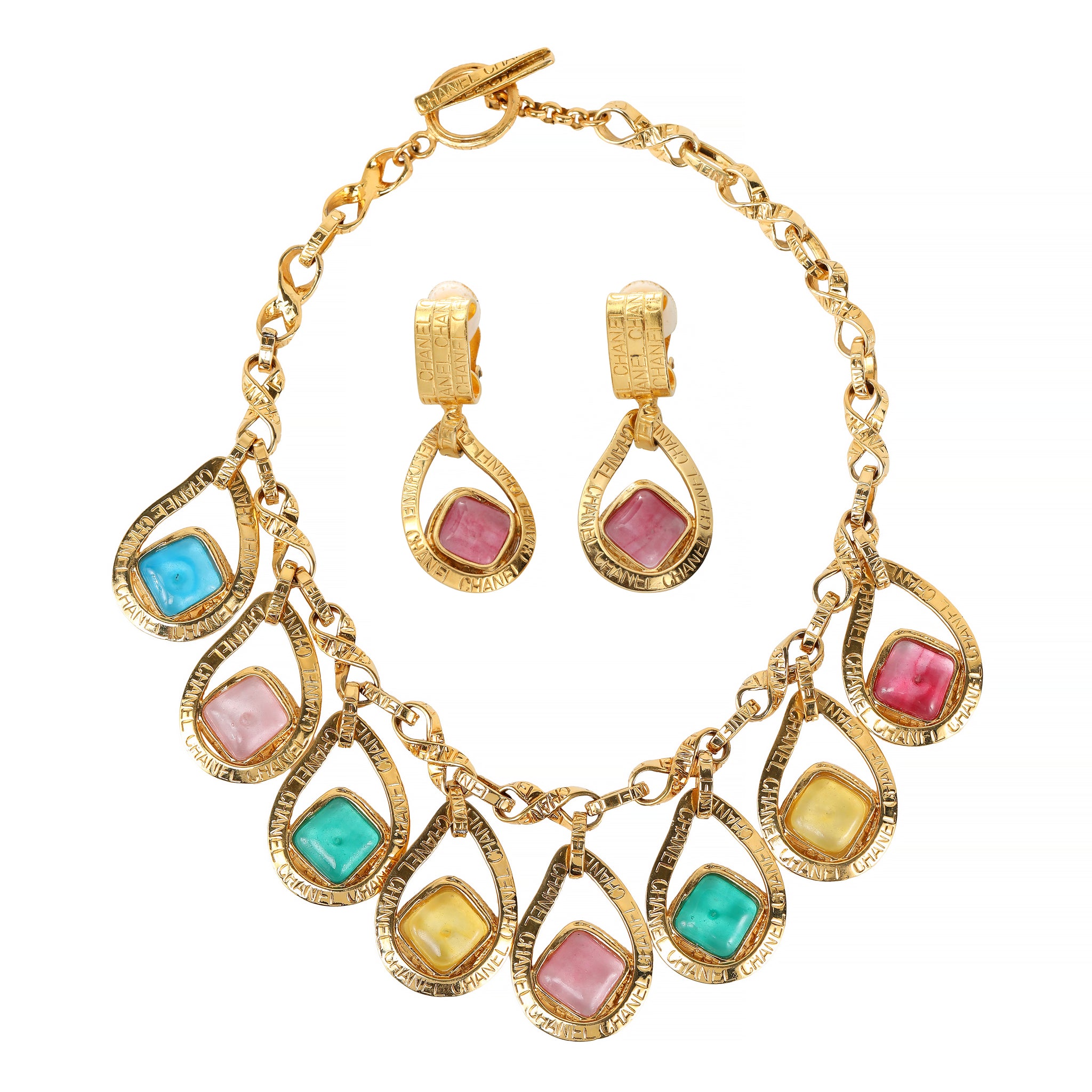 Chanel Gold Necklace Matching Earrings Set Poured Glass Stones