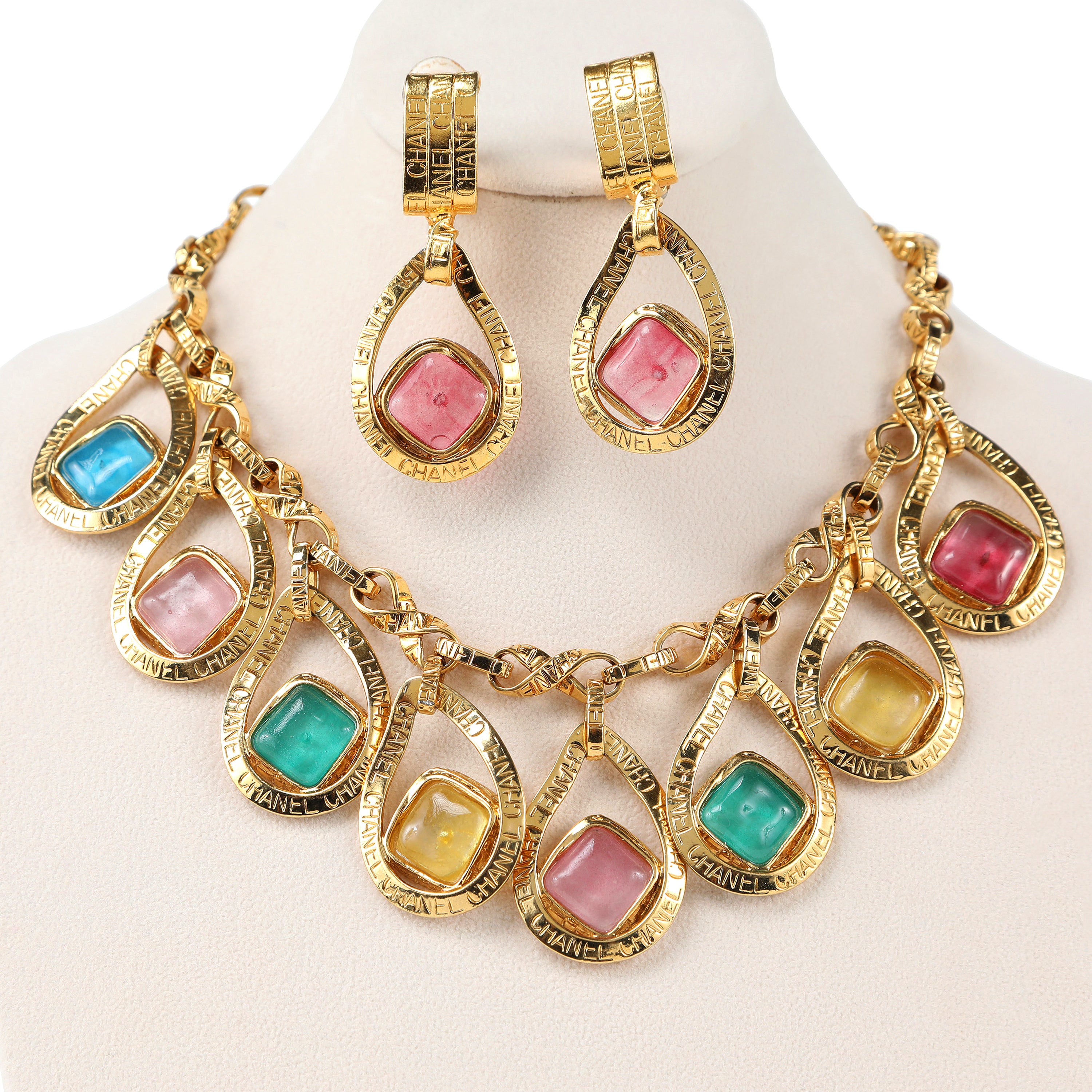Chanel Gold Necklace Matching Earrings Set Poured Glass Stones