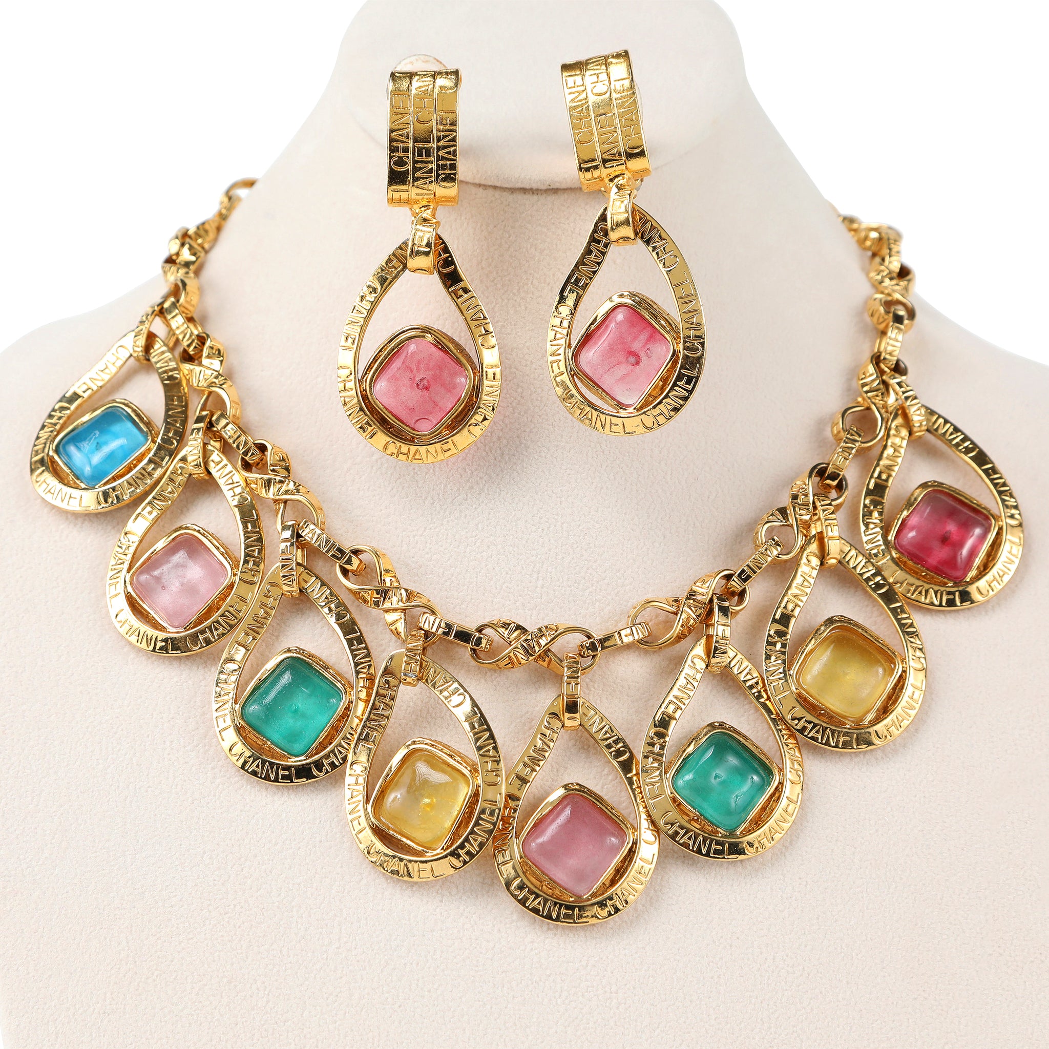 Chanel Gold Necklace Matching Earrings Set Poured Glass Stones