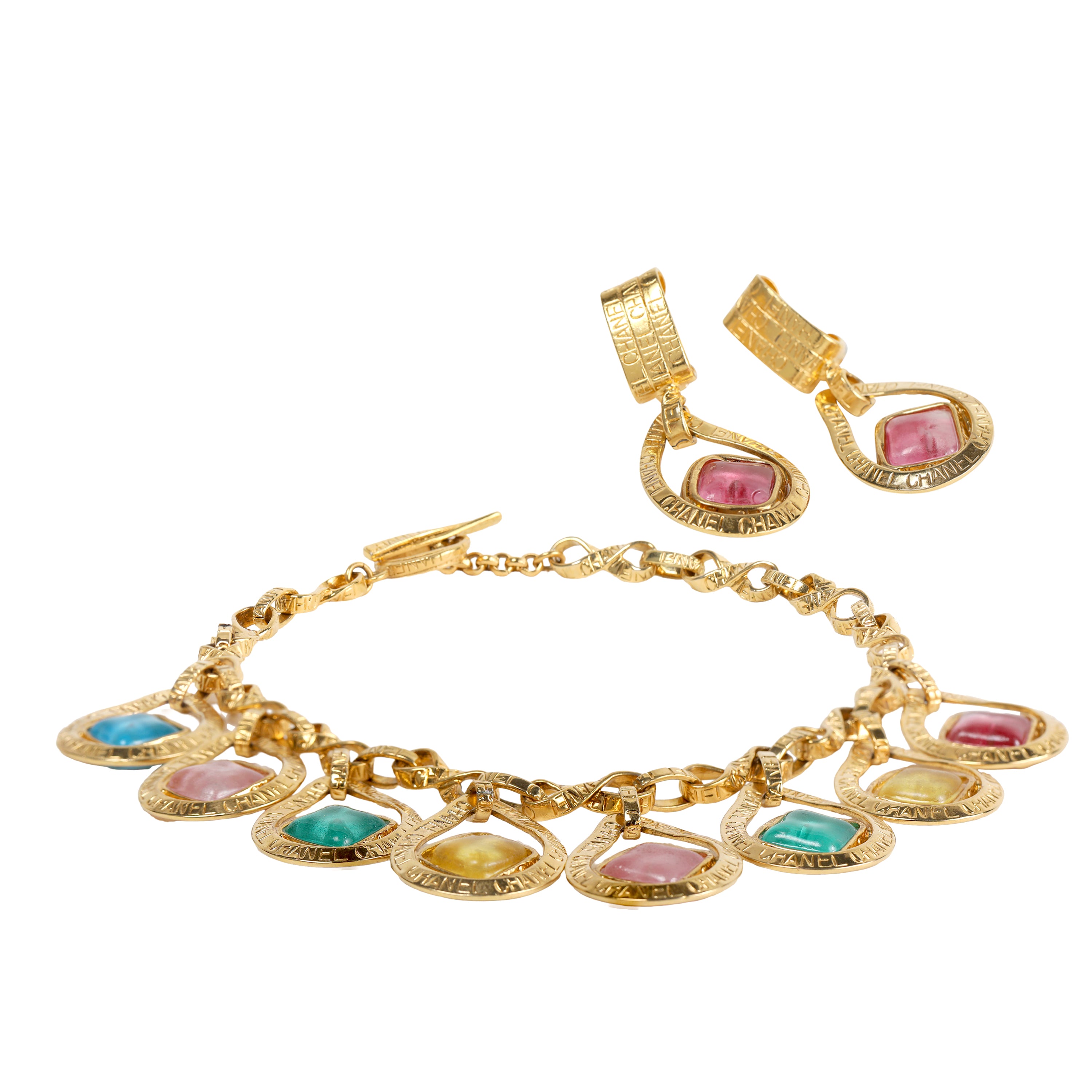 Chanel Gold Necklace Matching Earrings Set Poured Glass Stones