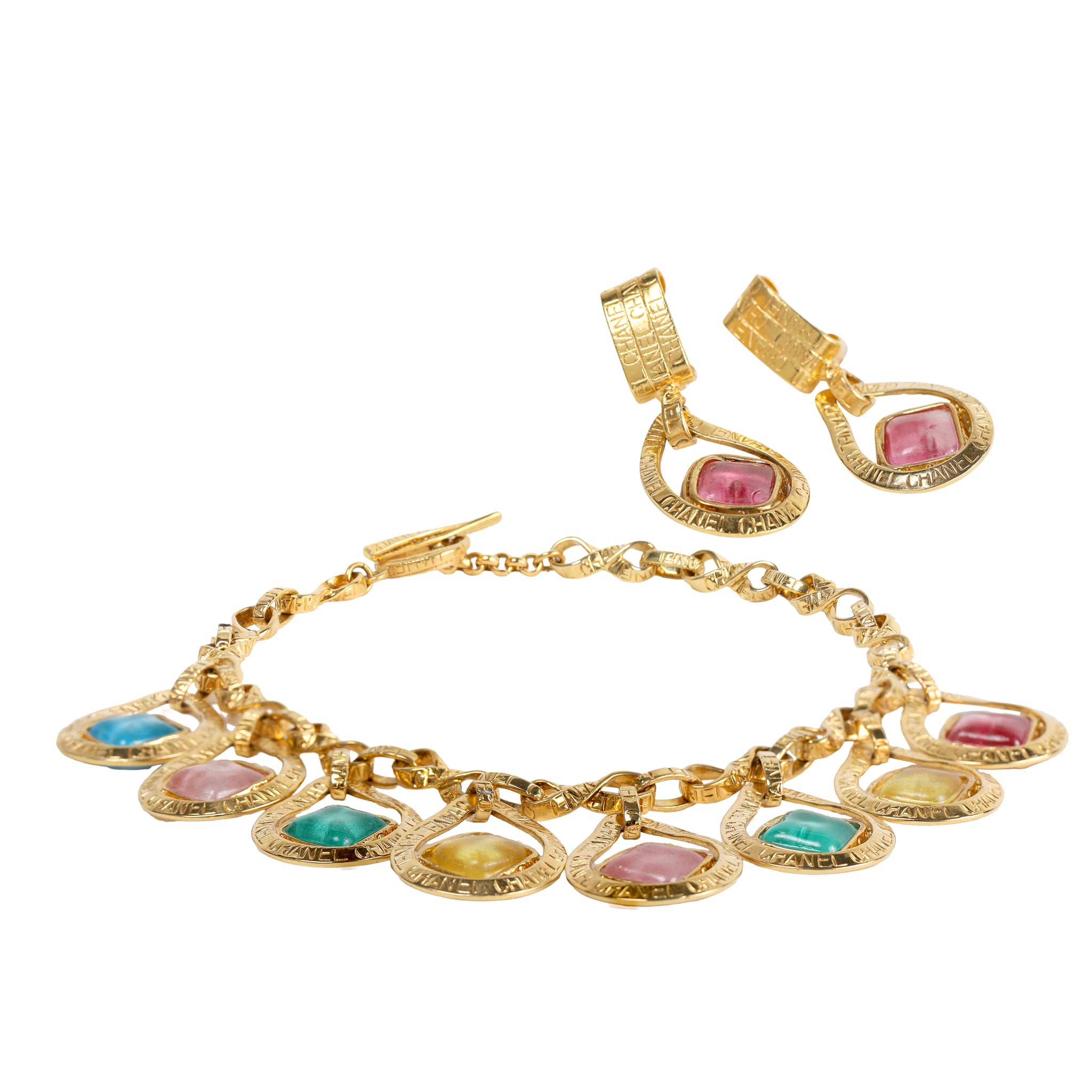 Chanel Gold Necklace Matching Earrings Set Poured Glass Stones