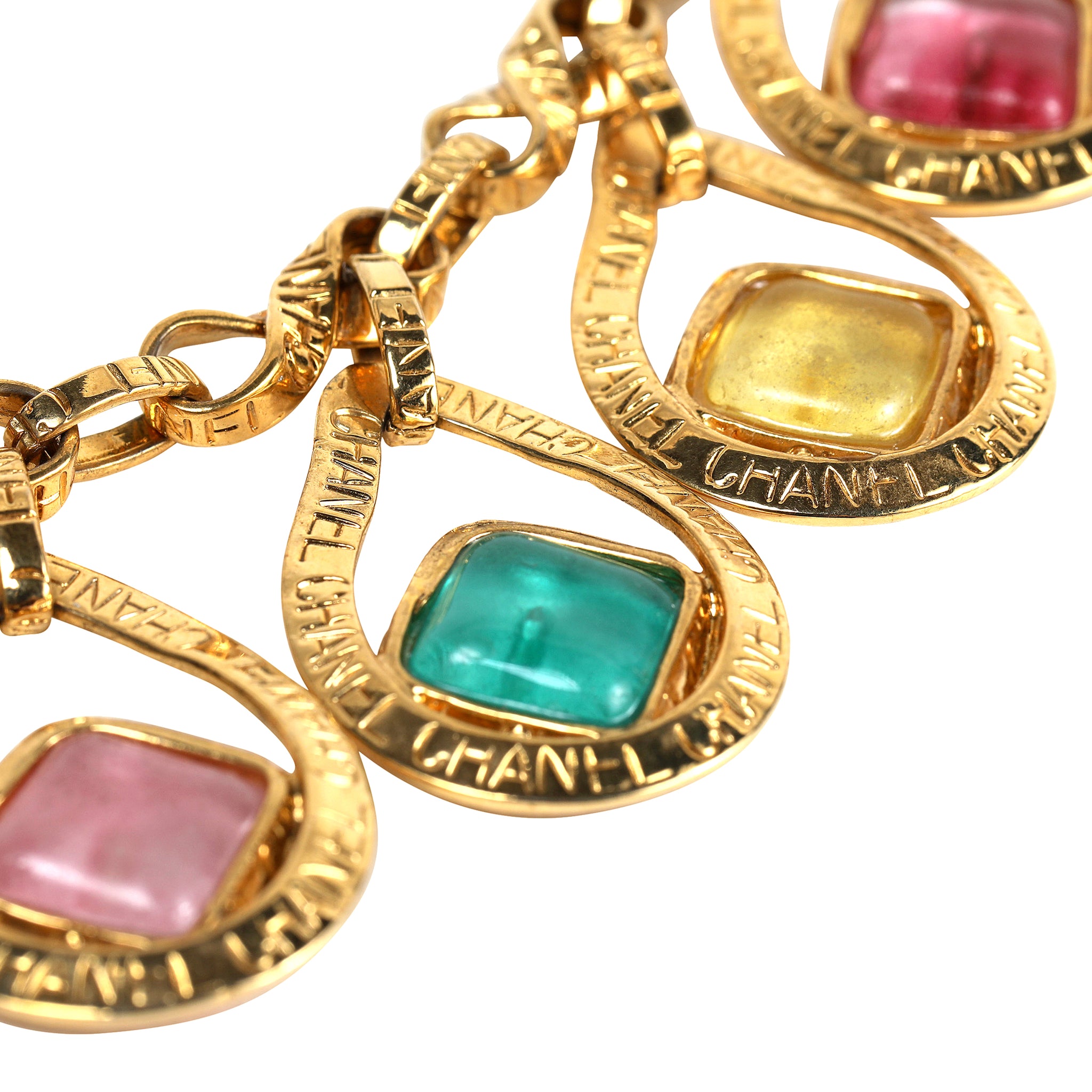 Chanel Gold Necklace Matching Earrings Set Poured Glass Stones