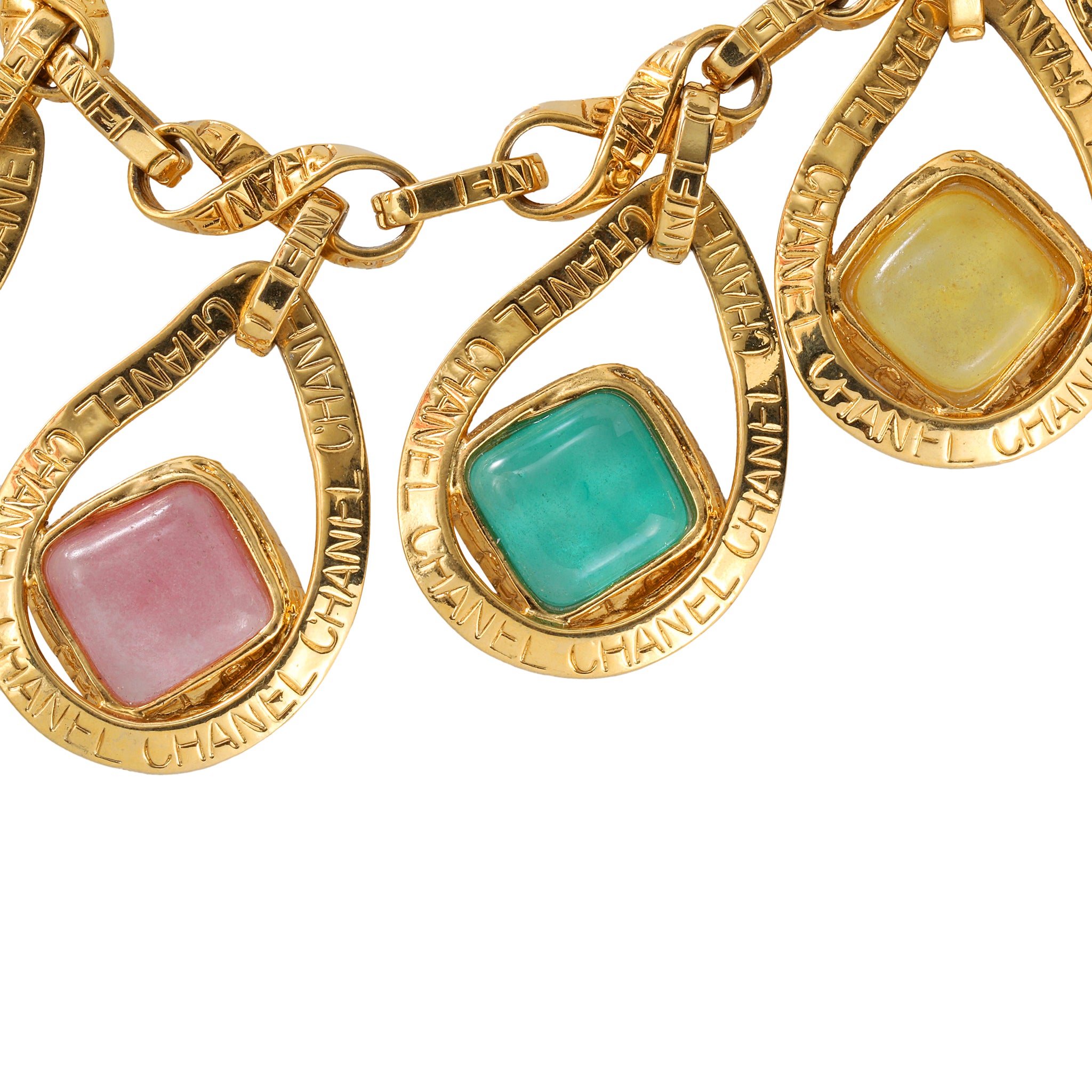 Chanel Gold Necklace Matching Earrings Set Poured Glass Stones