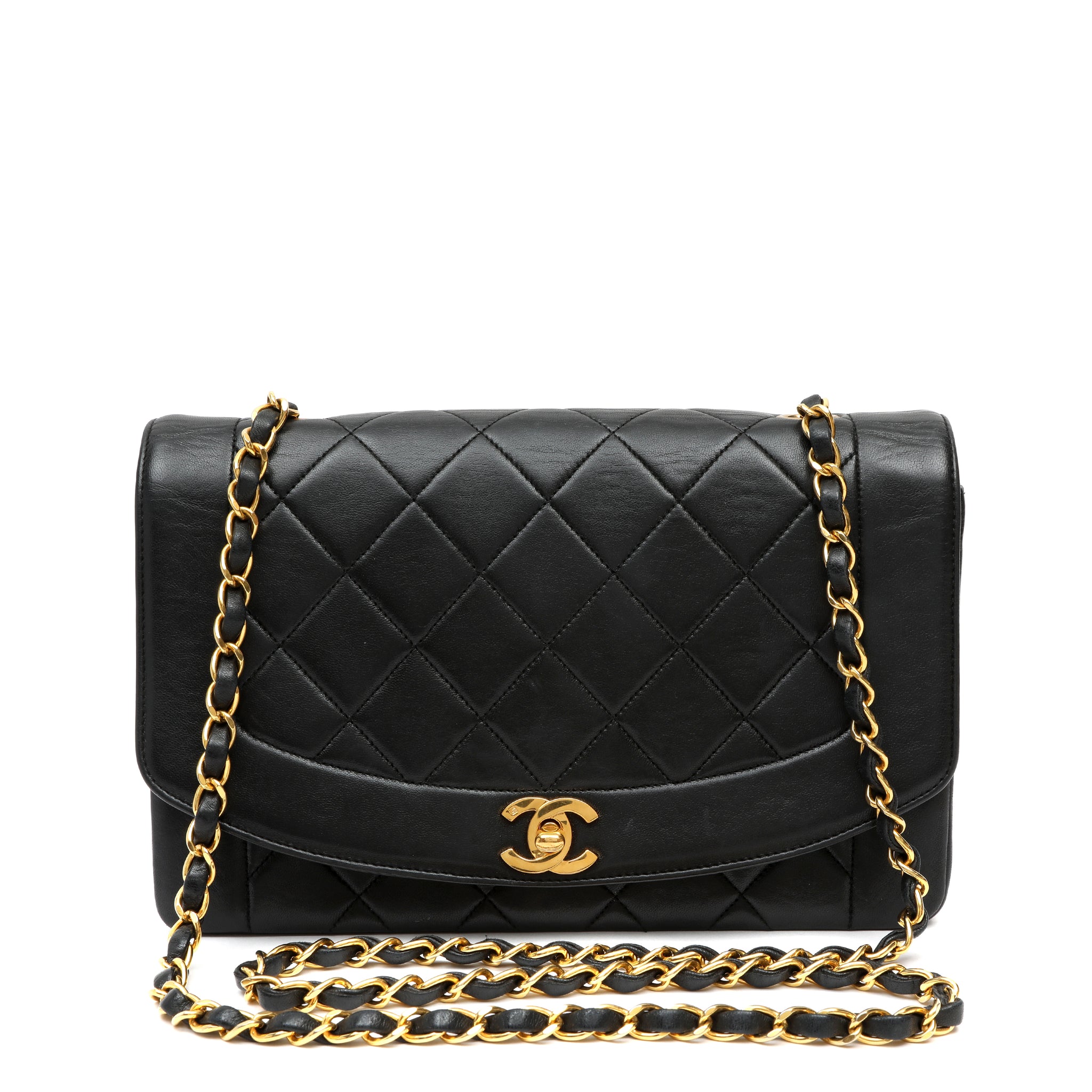 Chanel Medium Diana Flap Bag Black Quilted Lambskin Leather w GH