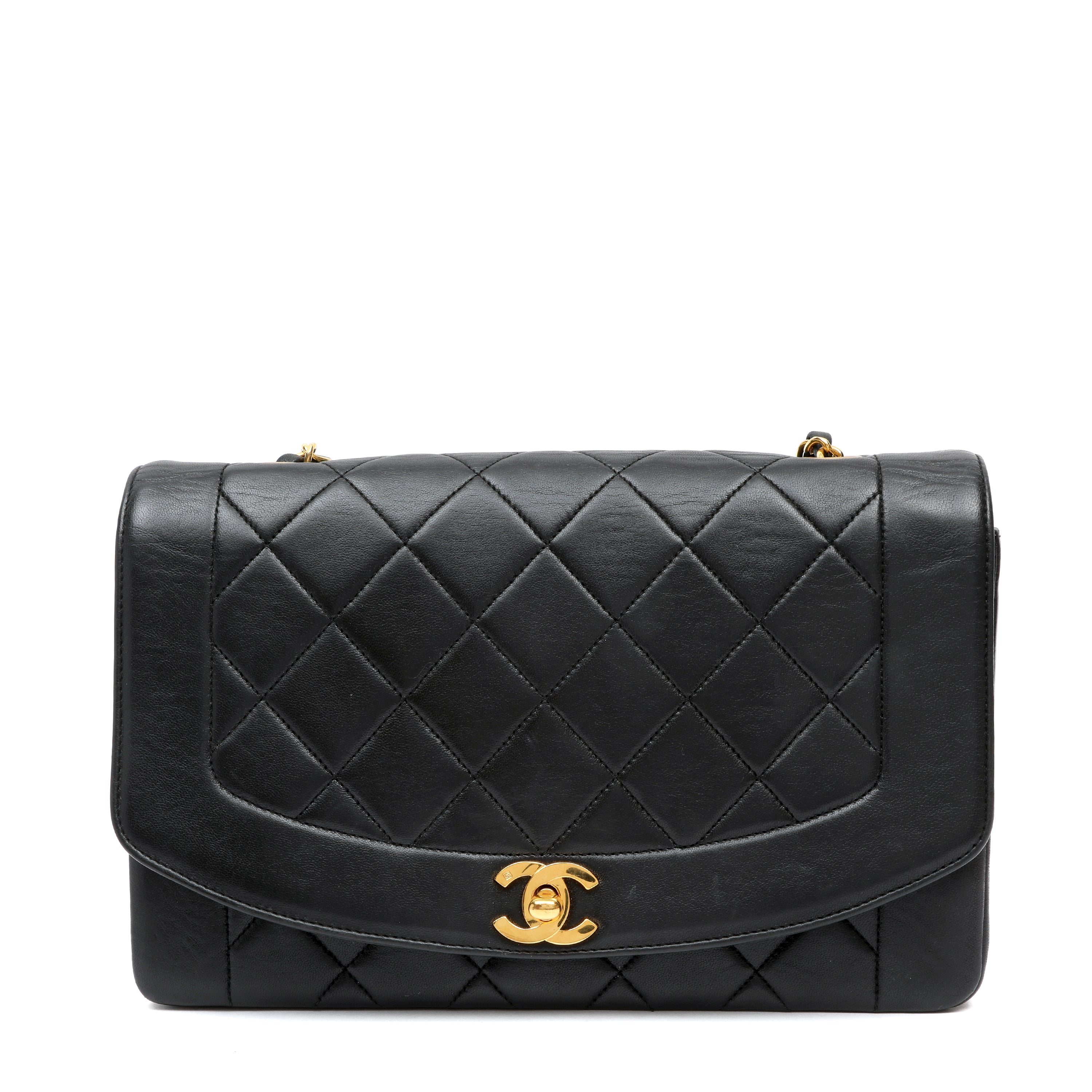 Chanel Medium Diana Flap Bag Black Quilted Lambskin Leather w GH