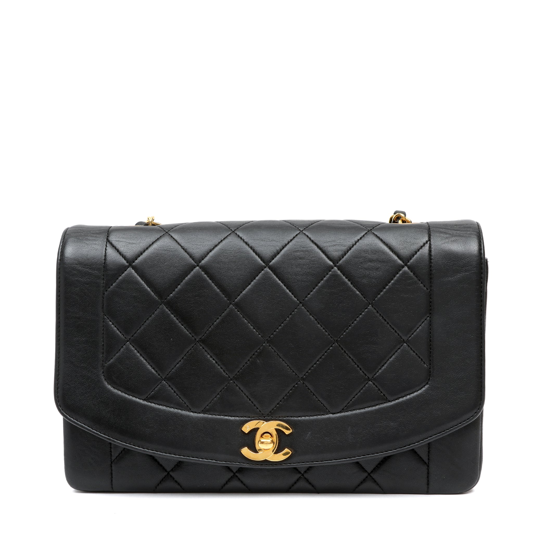 Chanel Medium Diana Flap Bag Black Quilted Lambskin Leather w GH