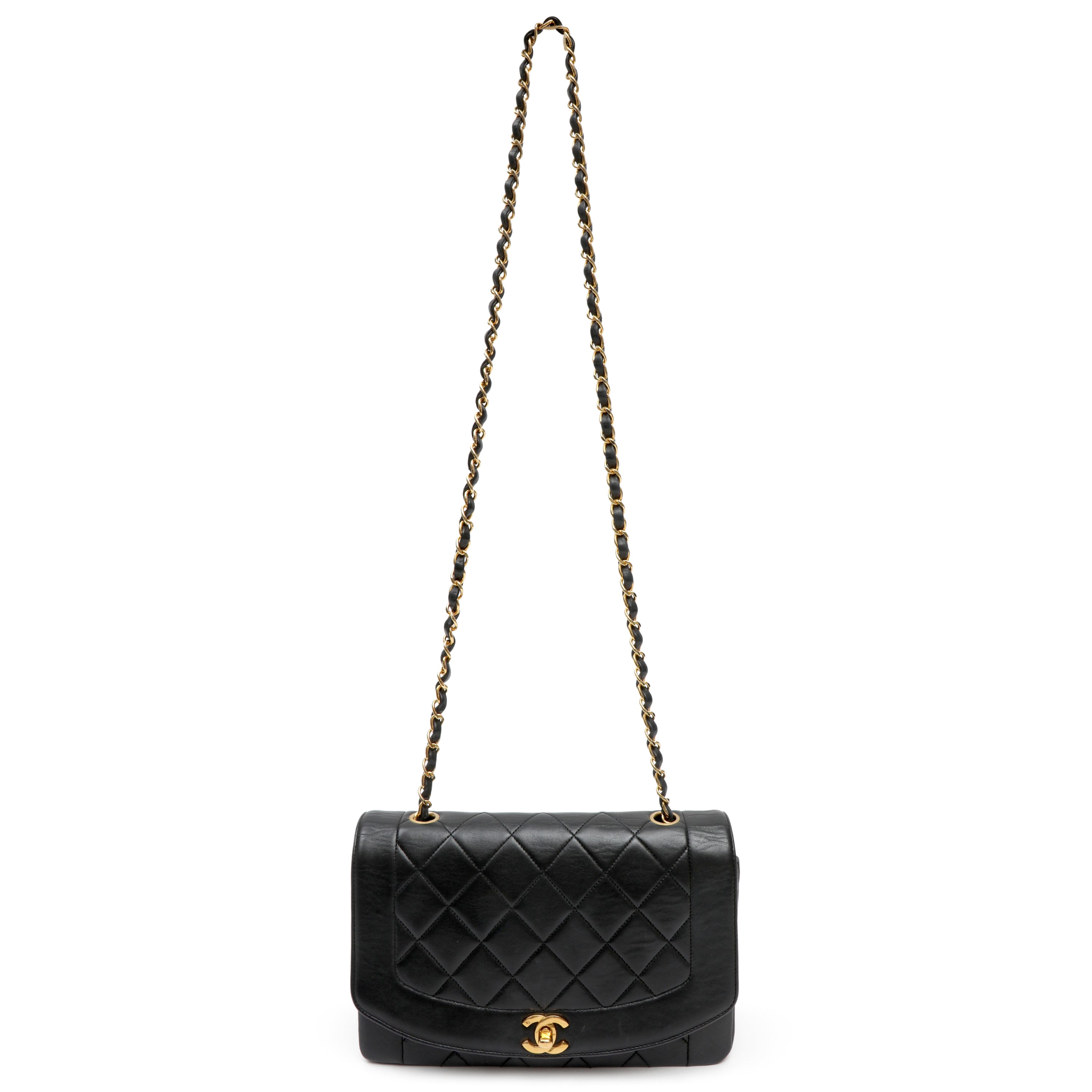 Chanel Medium Diana Flap Bag Black Quilted Lambskin Leather w GH