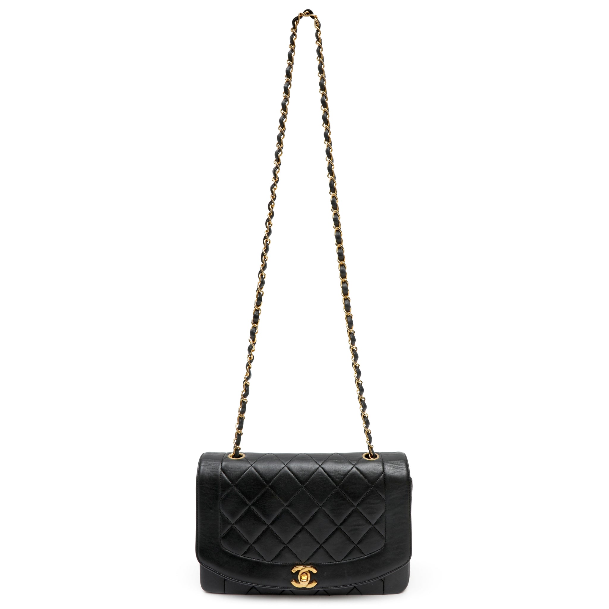 Chanel Medium Diana Flap Bag Black Quilted Lambskin Leather w GH