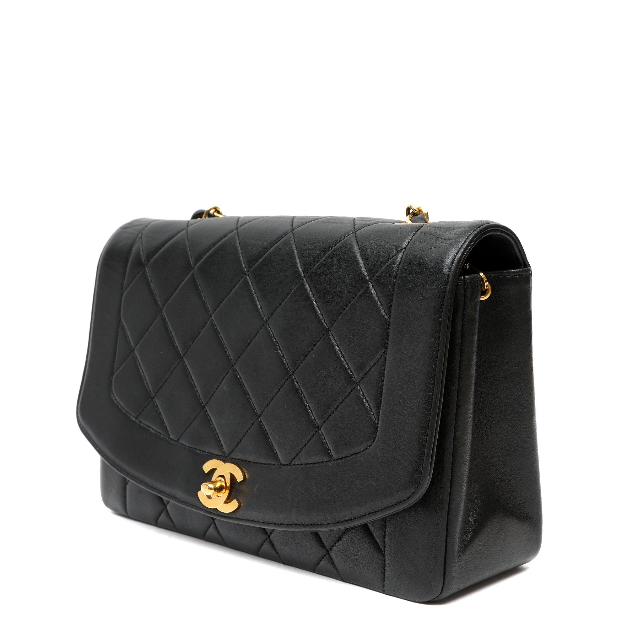 Chanel Medium Diana Flap Bag Black Quilted Lambskin Leather w GH