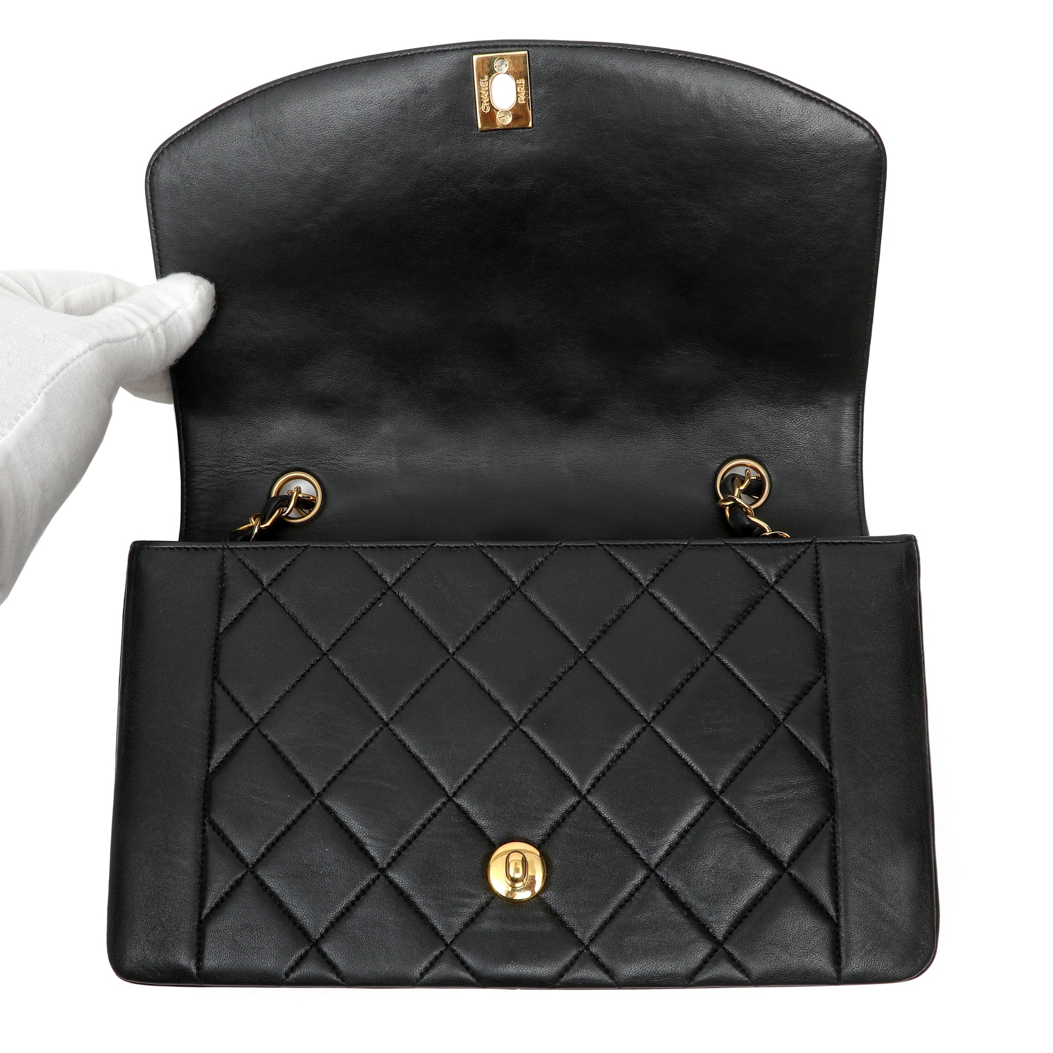 Chanel Medium Diana Flap Bag Black Quilted Lambskin Leather w GH