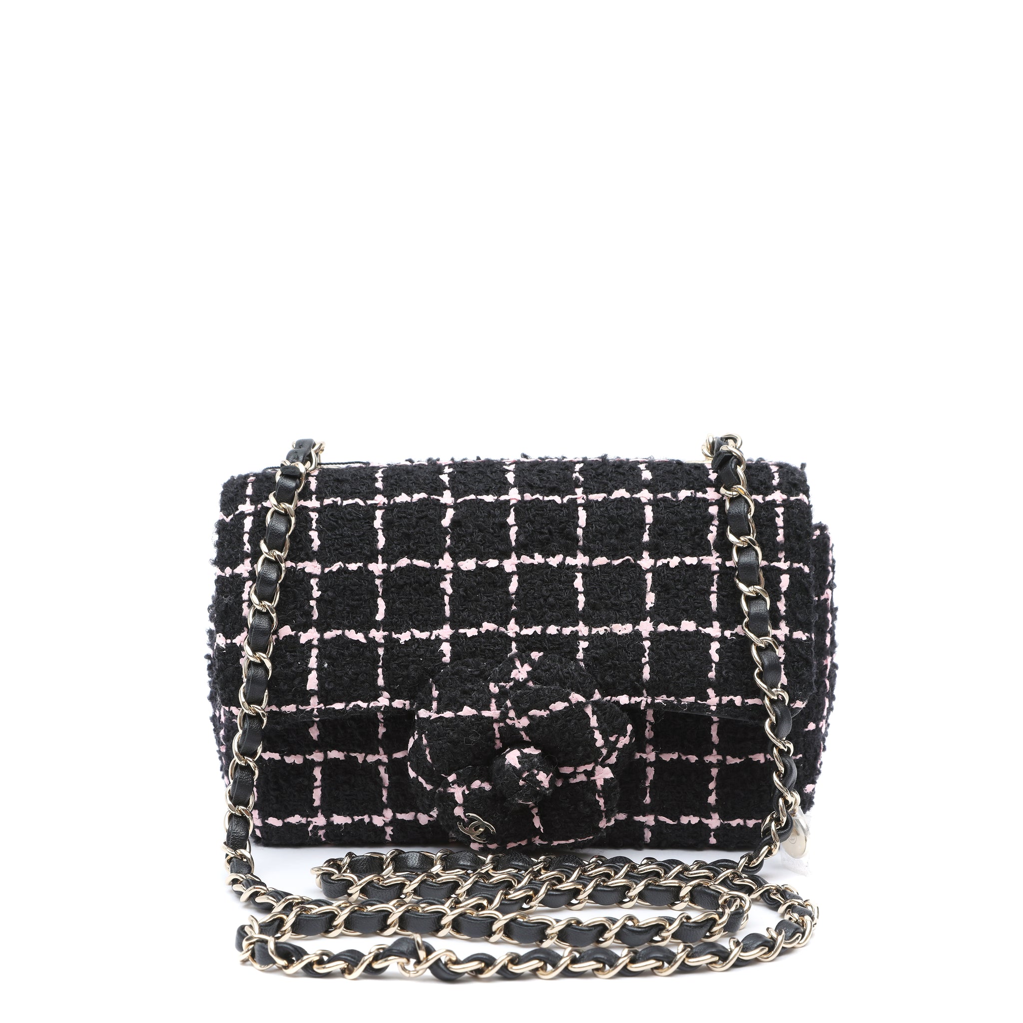 Chanel Mini Camellia Closure Flap Bag Black Pink Tweed w GH