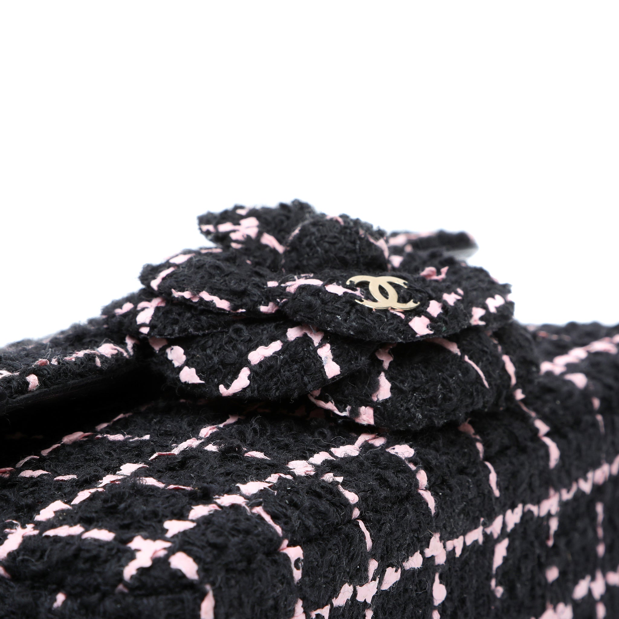 Chanel Mini Camellia Closure Flap Bag Black Pink Tweed w GH