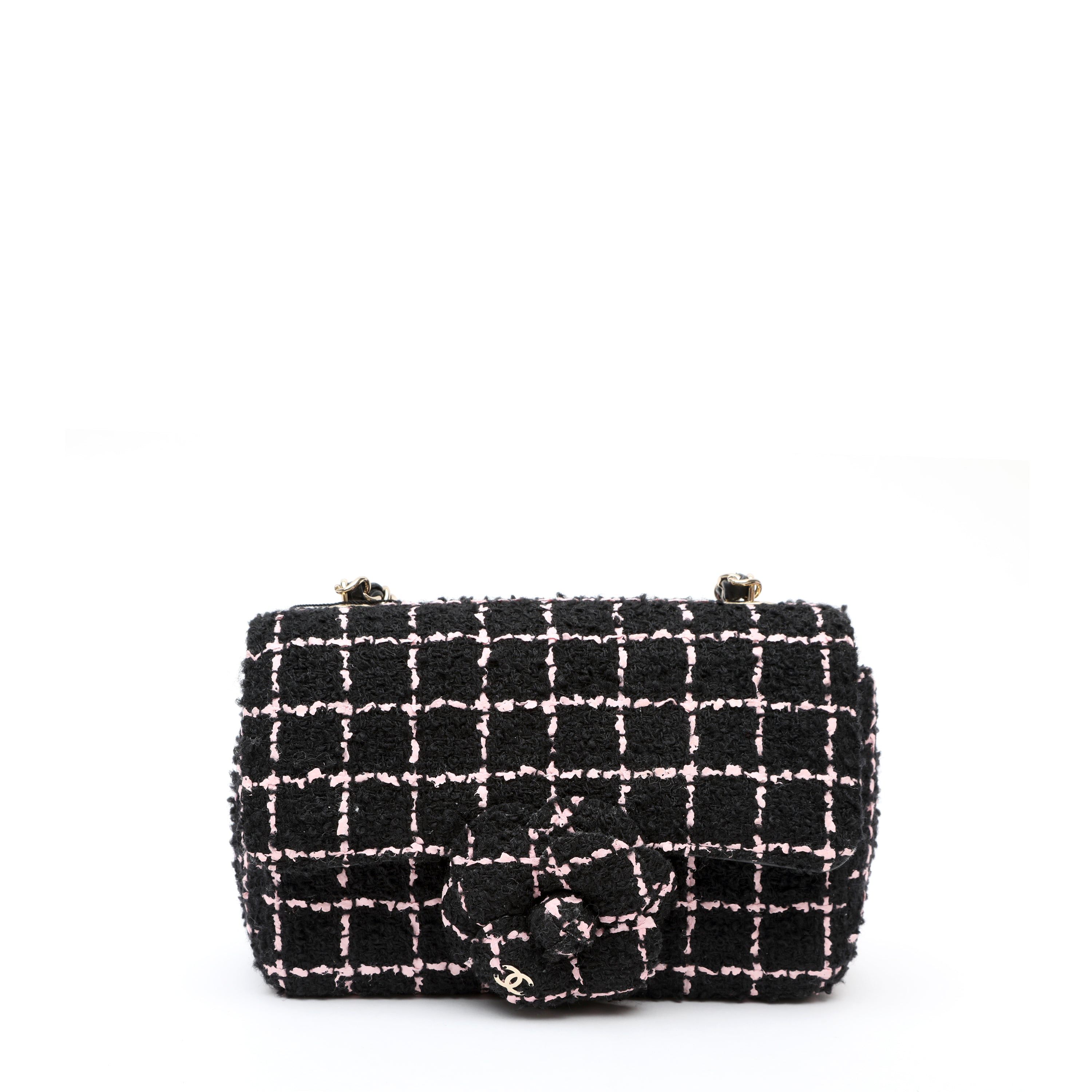 Chanel Mini Camellia Closure Flap Bag Black Pink Tweed w GH