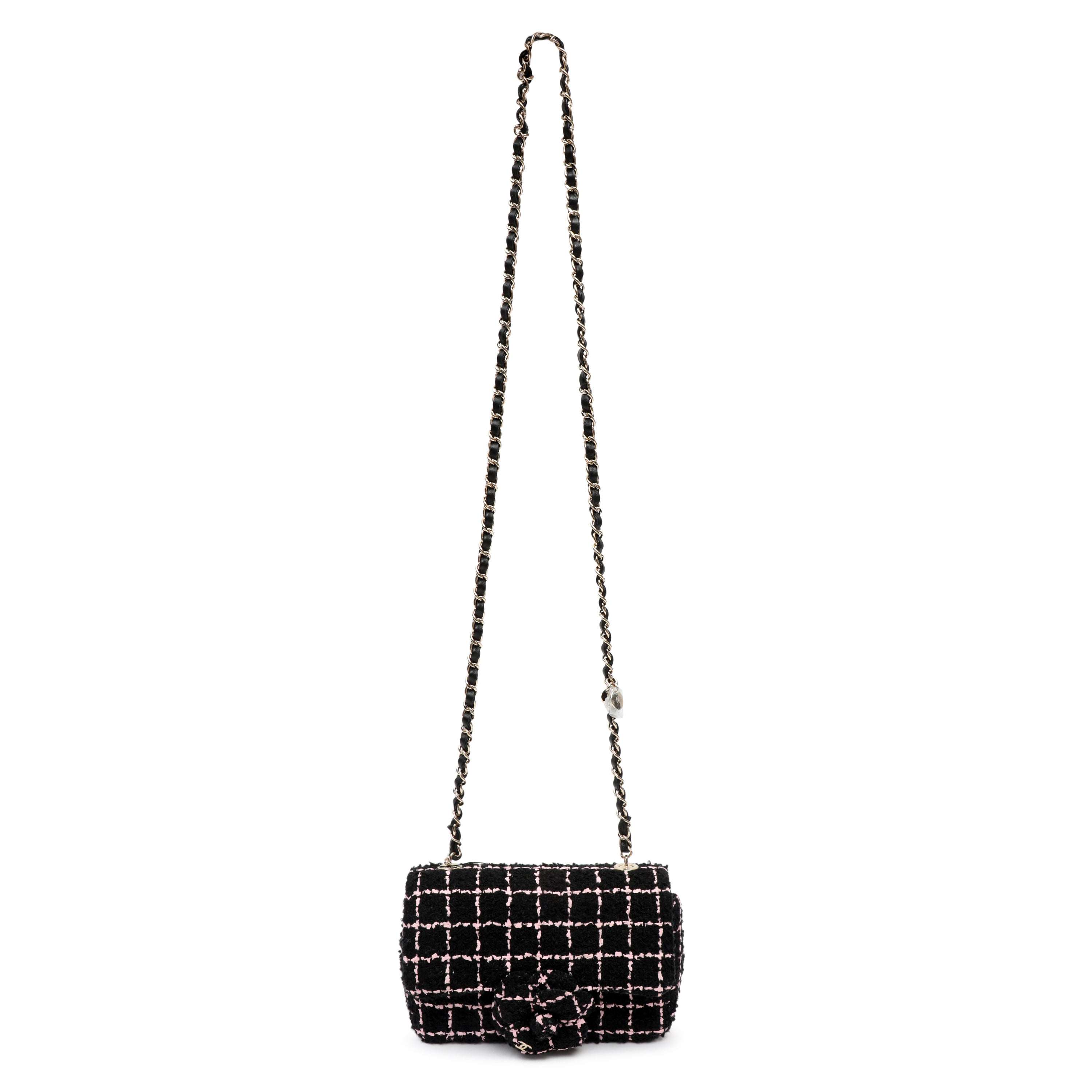 Chanel Mini Camellia Closure Flap Bag Black Pink Tweed w GH