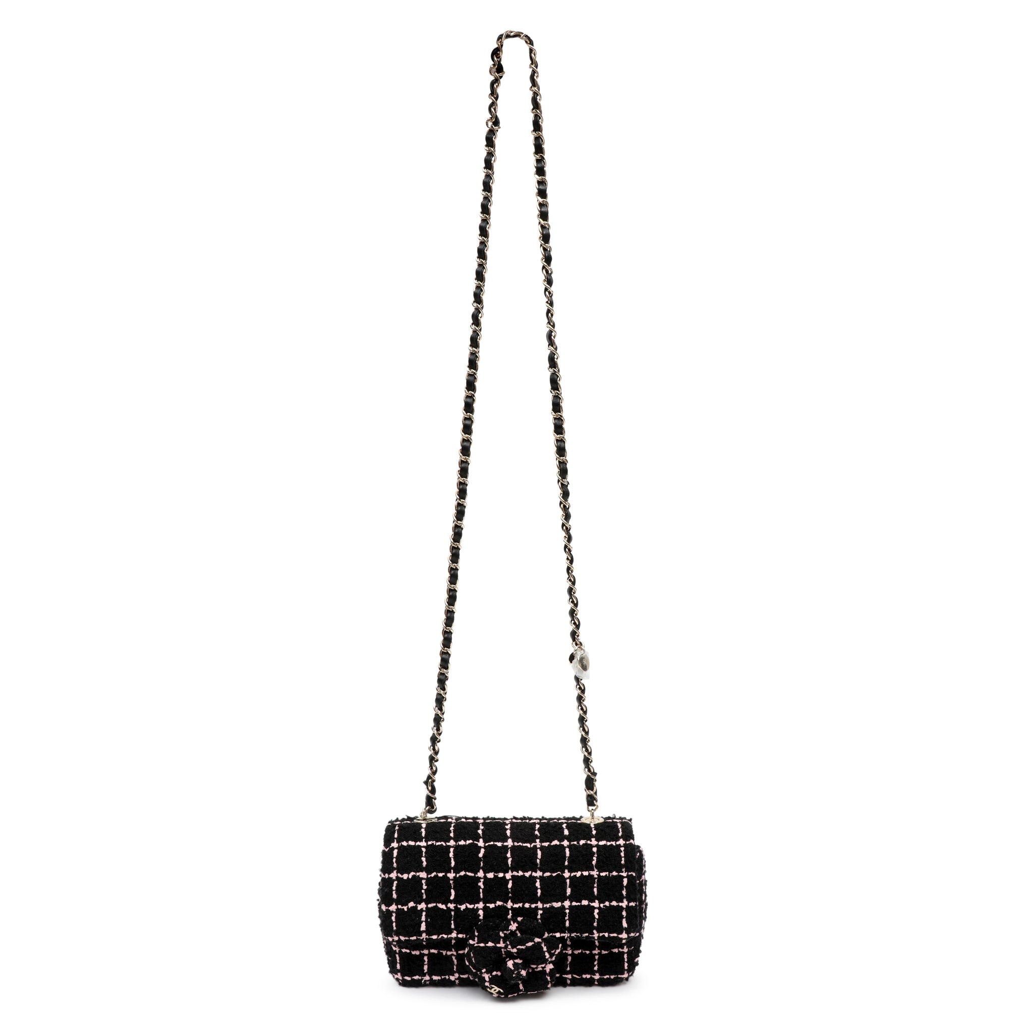 Chanel Mini Camellia Closure Flap Bag Black Pink Tweed w GH