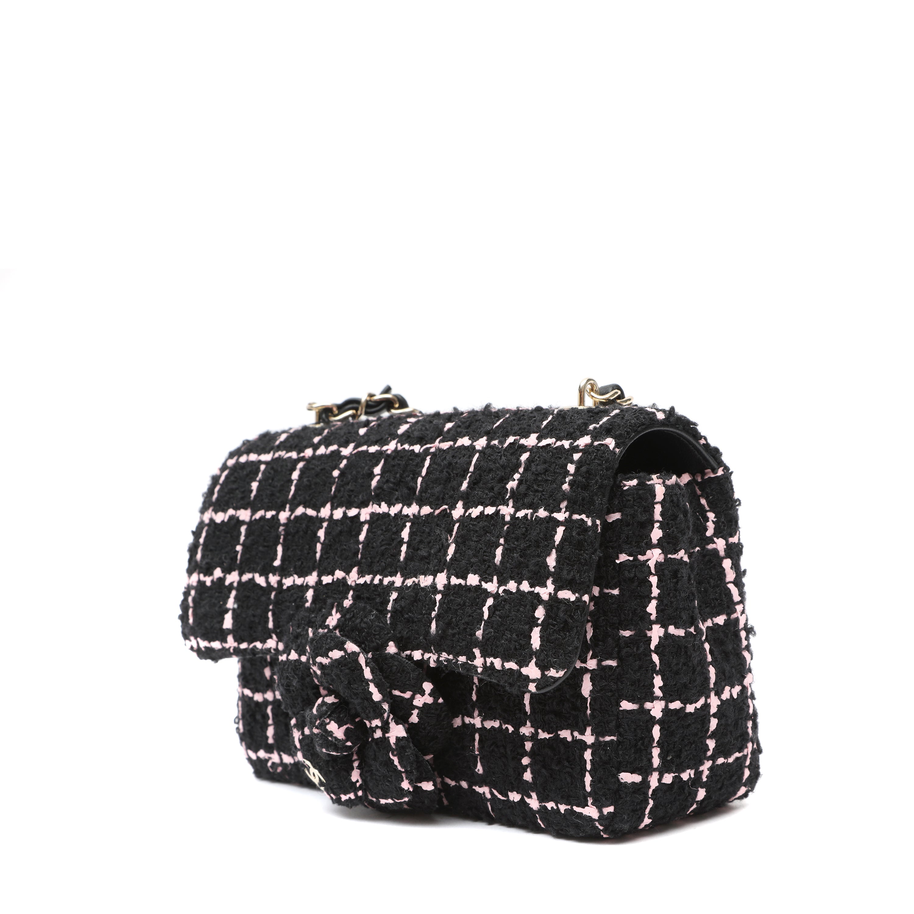 Chanel Mini Camellia Closure Flap Bag Black Pink Tweed w GH