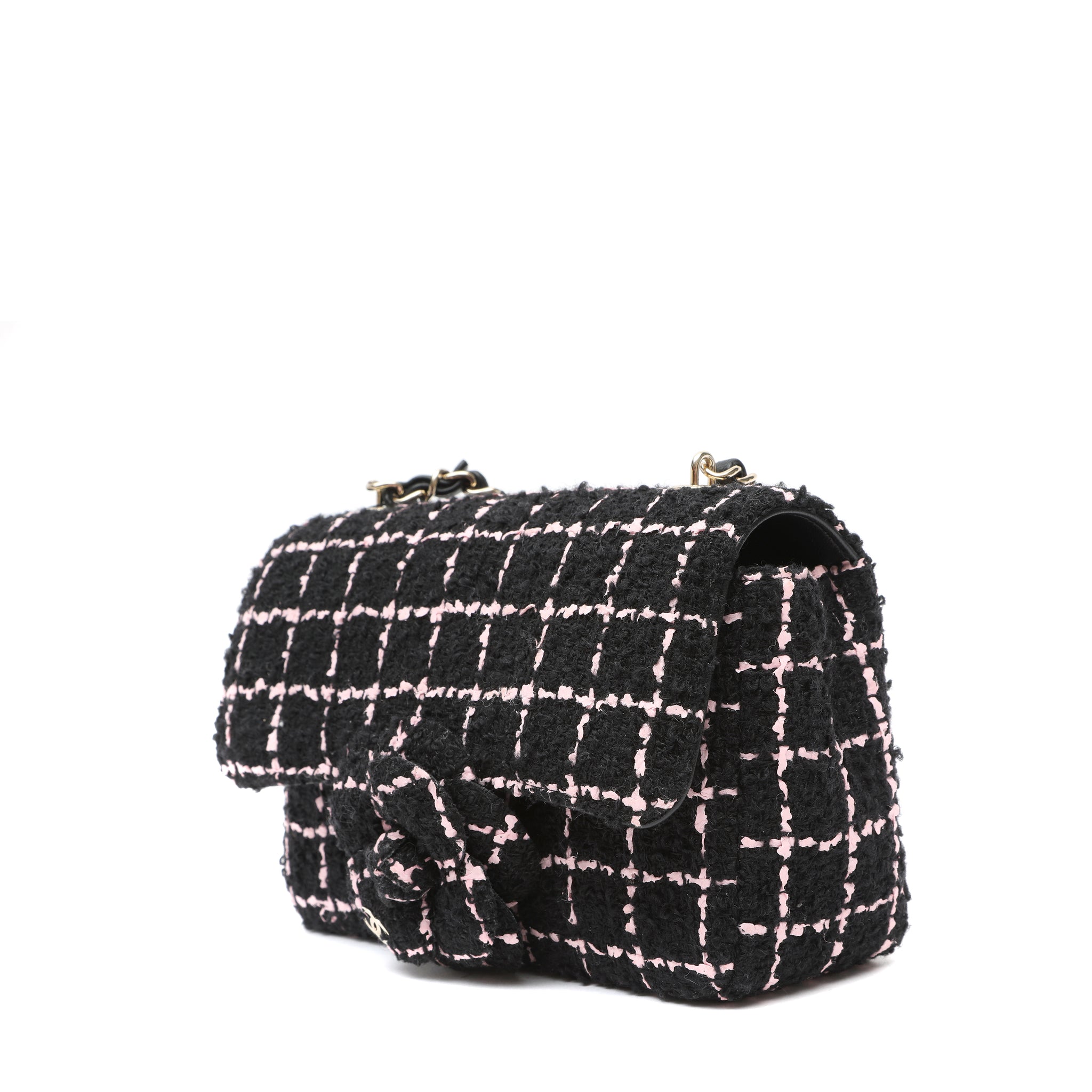 Chanel Mini Camellia Closure Flap Bag Black Pink Tweed w GH