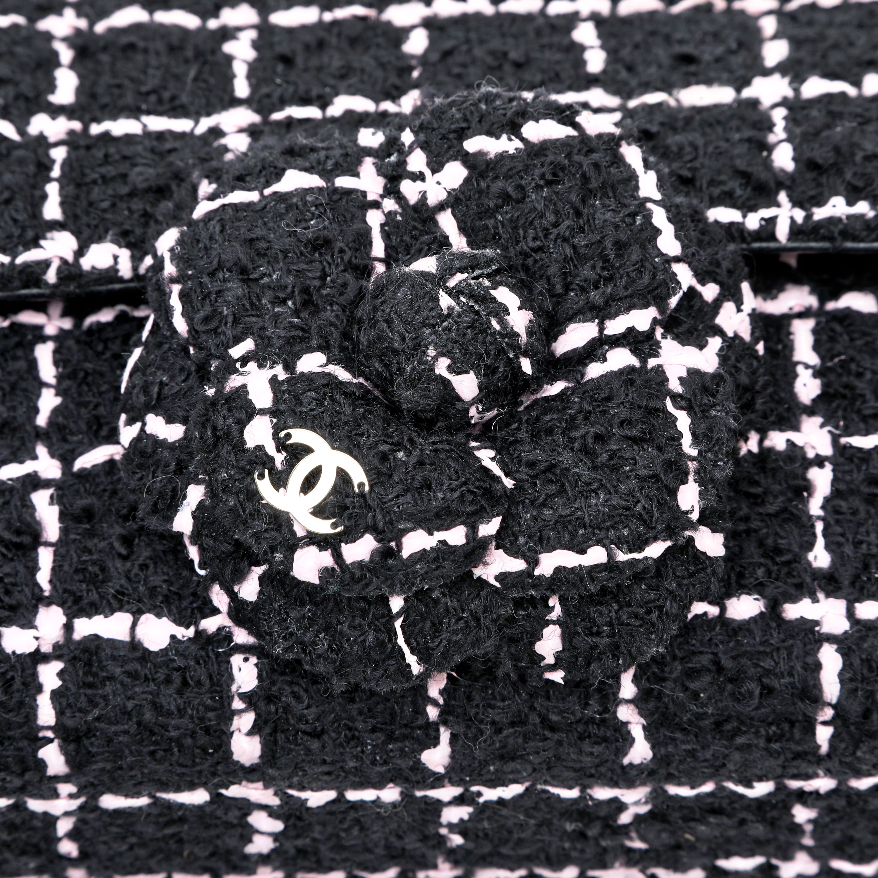 Chanel Mini Camellia Closure Flap Bag Black Pink Tweed w GH