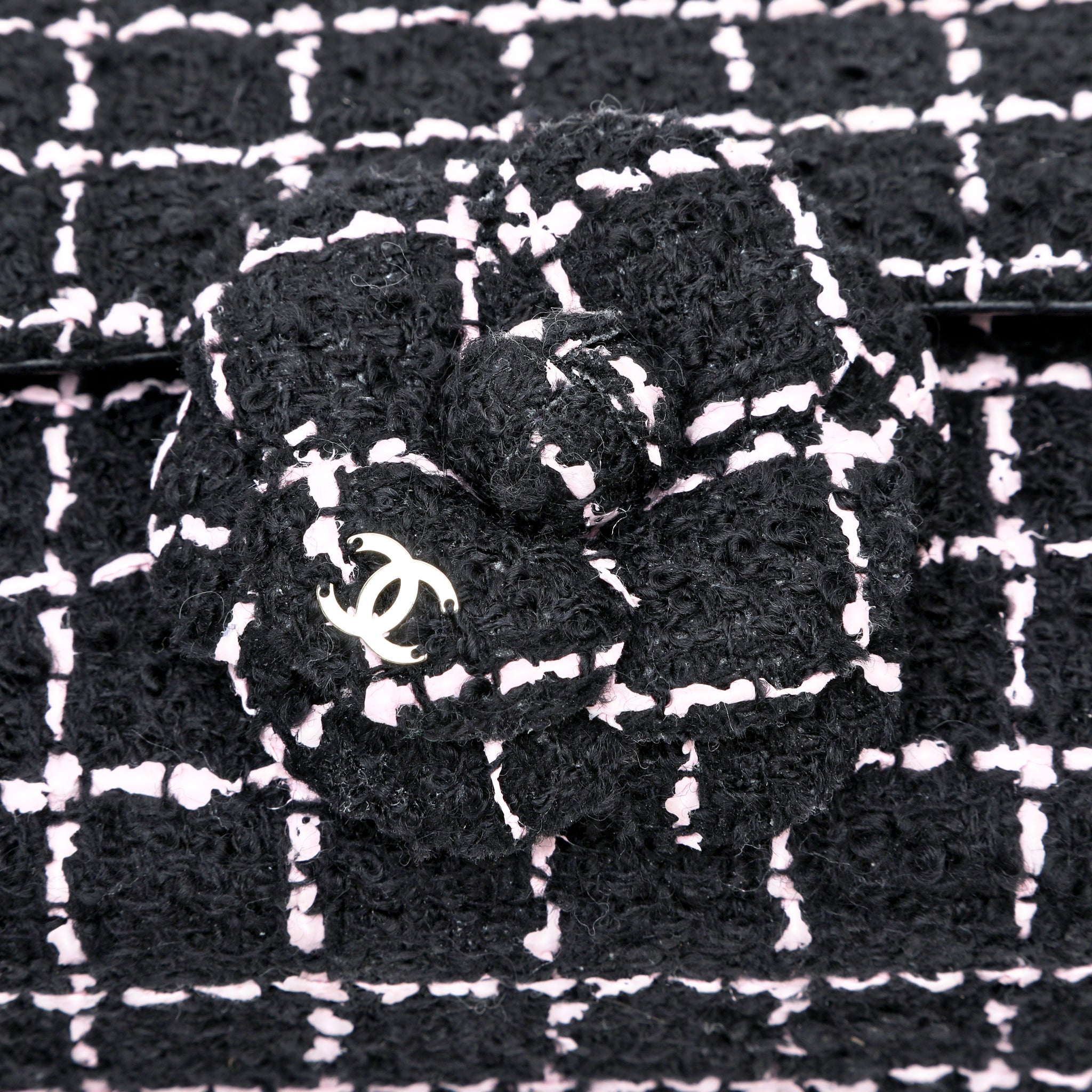 Chanel Mini Camellia Closure Flap Bag Black Pink Tweed w GH