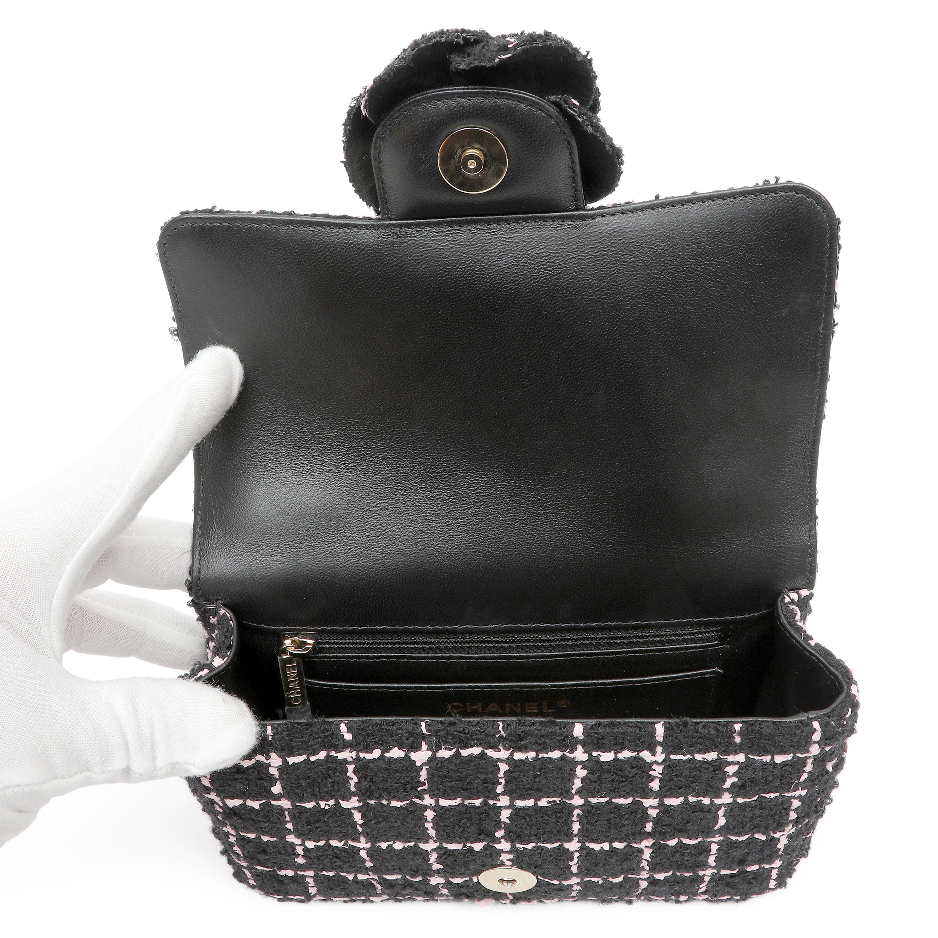 Chanel Mini Camellia Closure Flap Bag Black Pink Tweed w GH