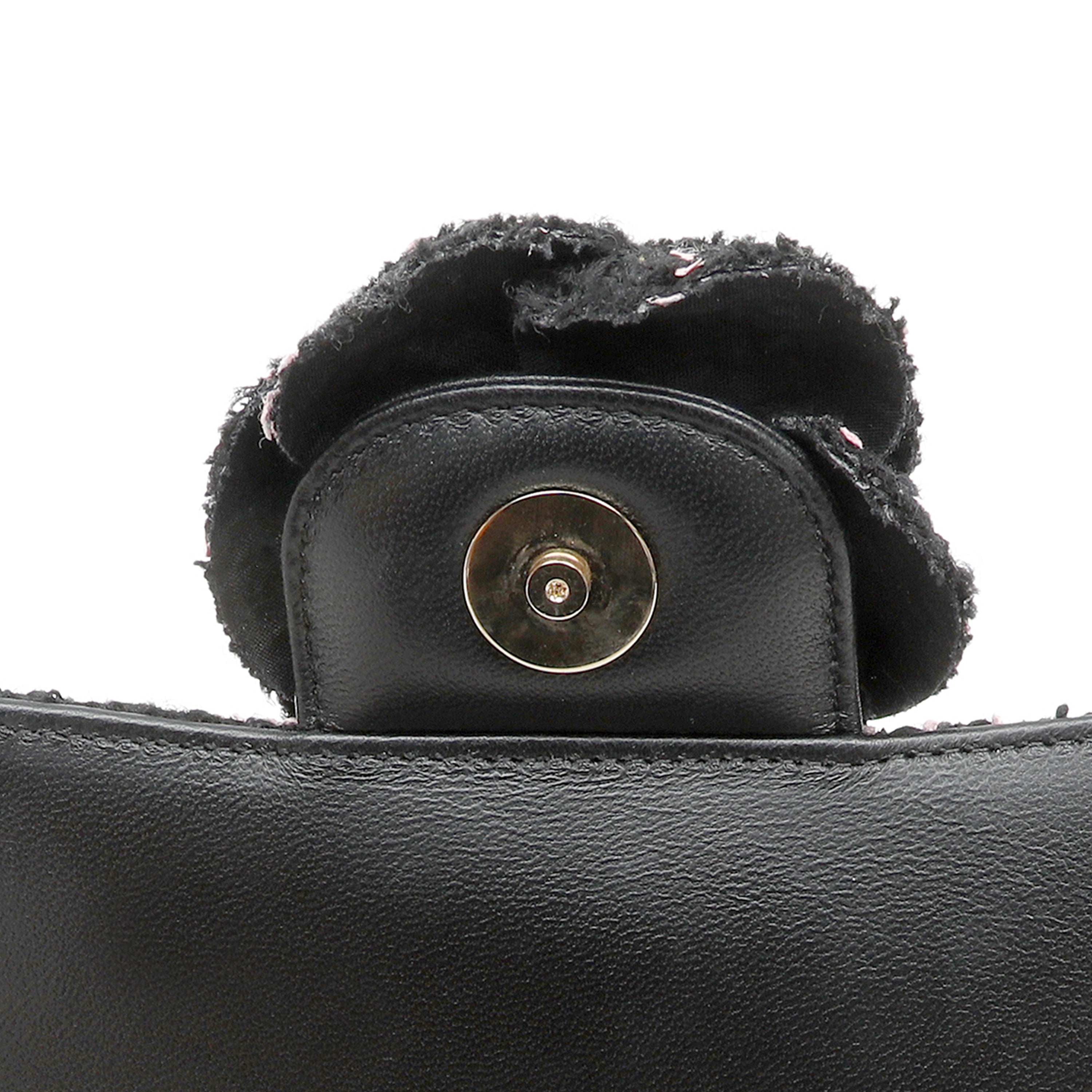 Chanel Mini Camellia Closure Flap Bag Black Pink Tweed w GH
