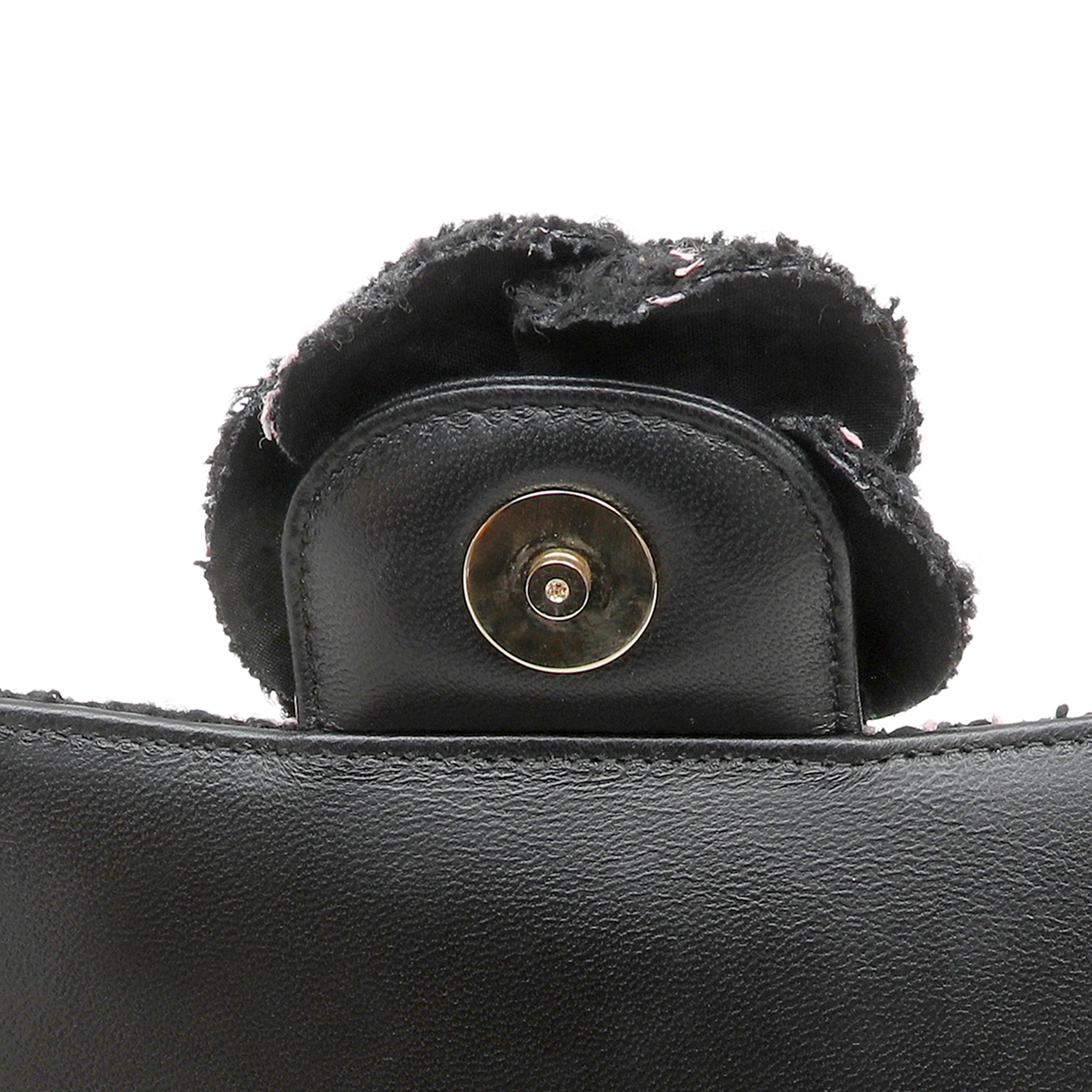 Chanel Mini Camellia Closure Flap Bag Black Pink Tweed w GH