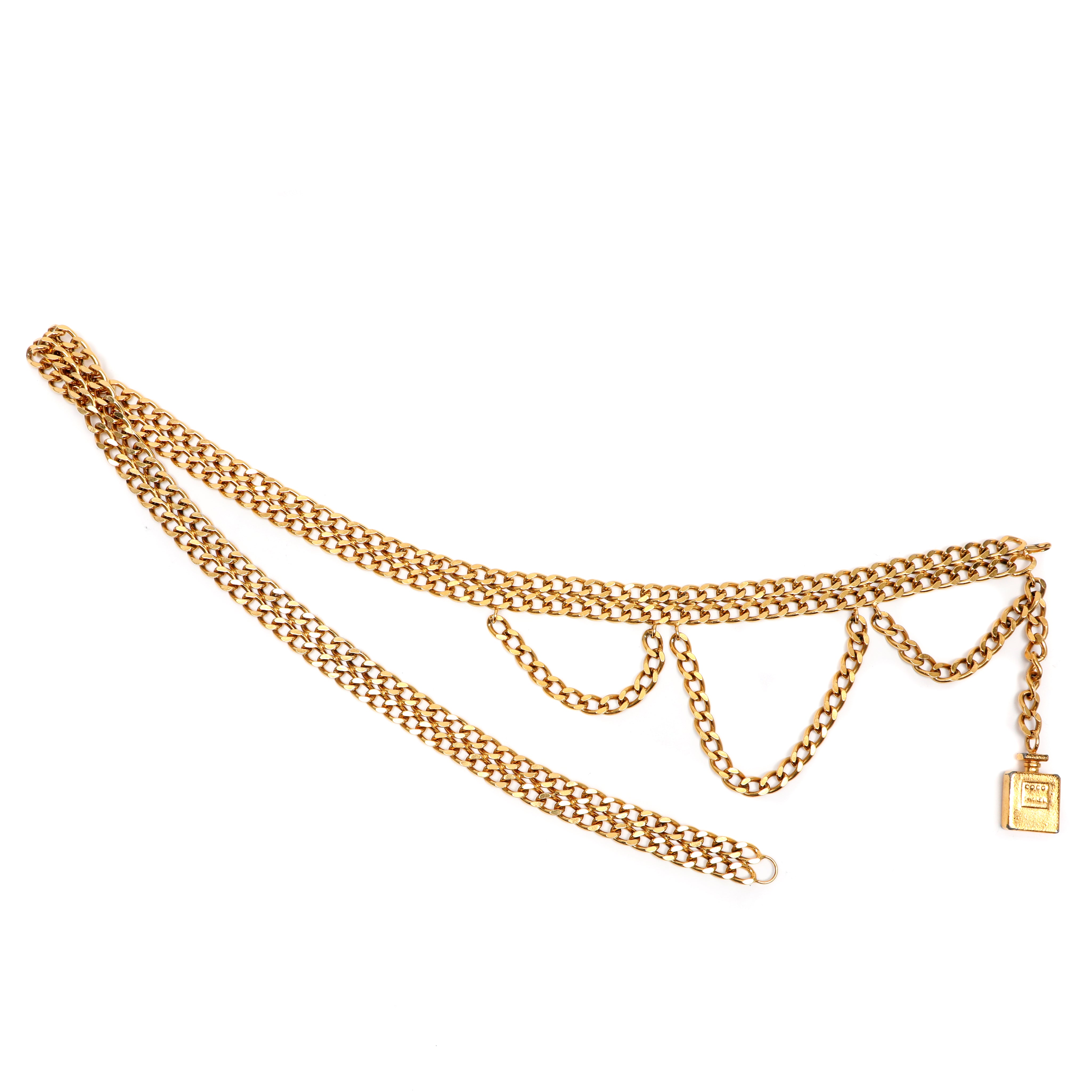 Chanel Vintage Gold Double Chain Link Belt with Perfume Charm