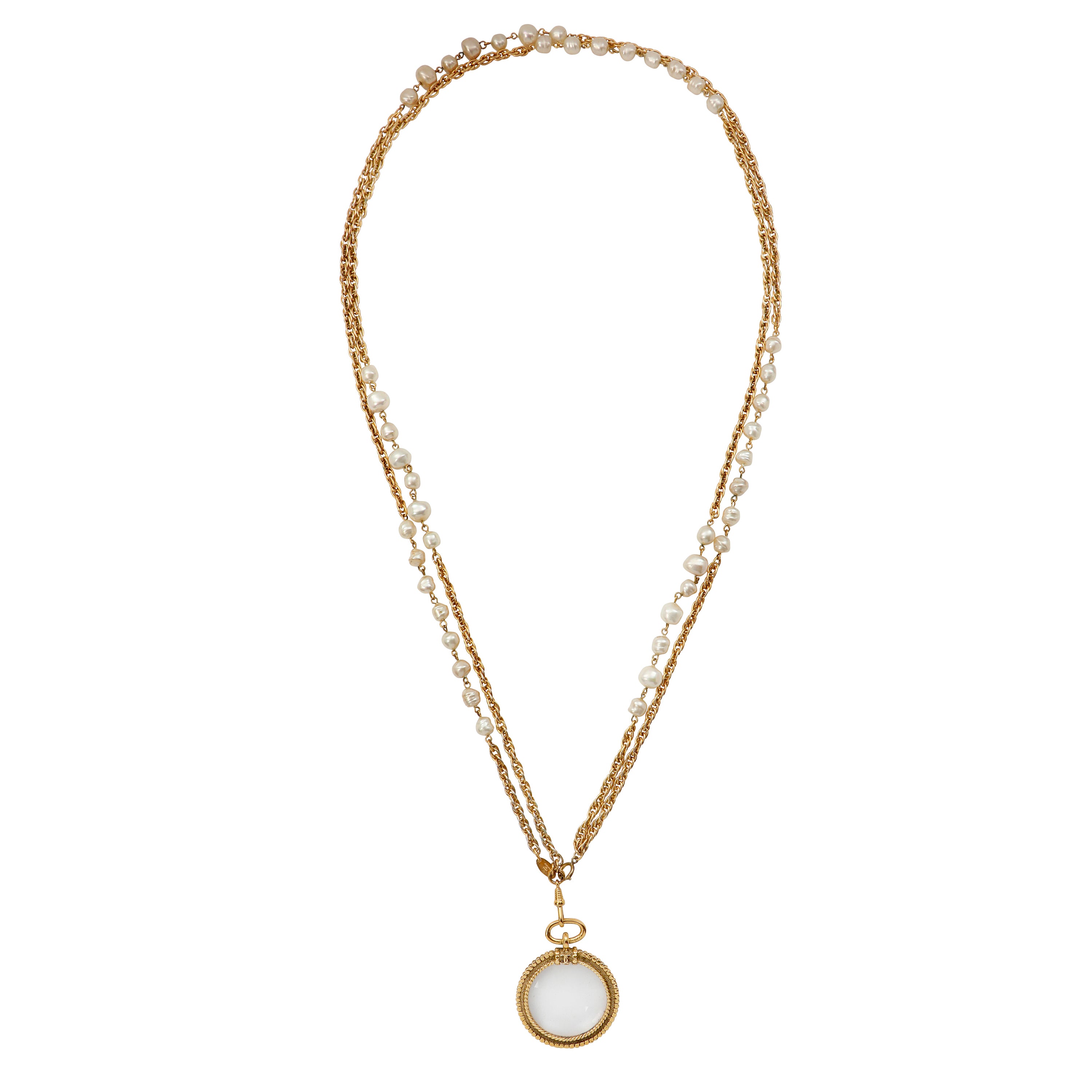 Chanel Pearl Double-Chain Necklace Circular Magnifying Glass Pendant