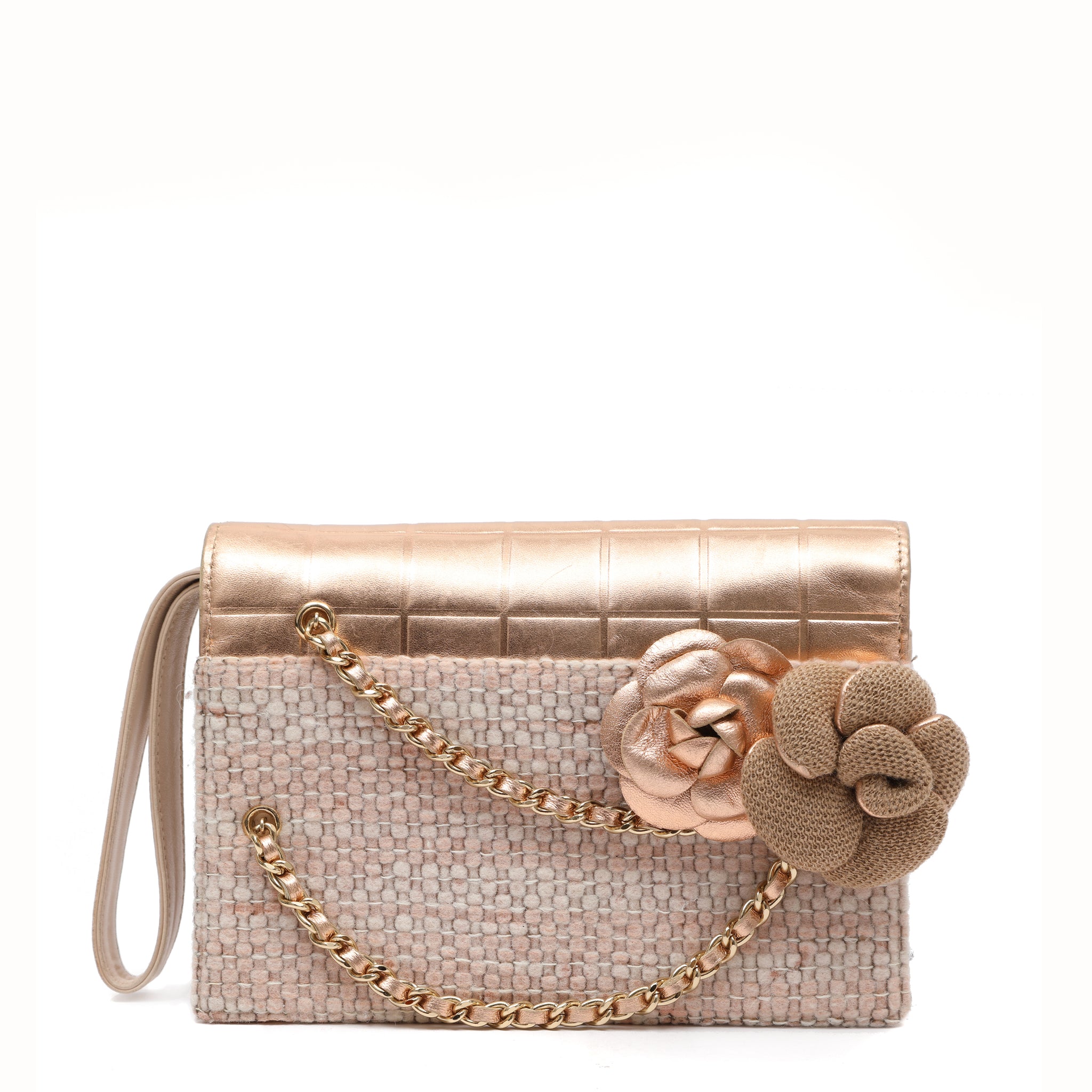 Chanel Pink Tweed and Leather Flap Bag w Camellia Details