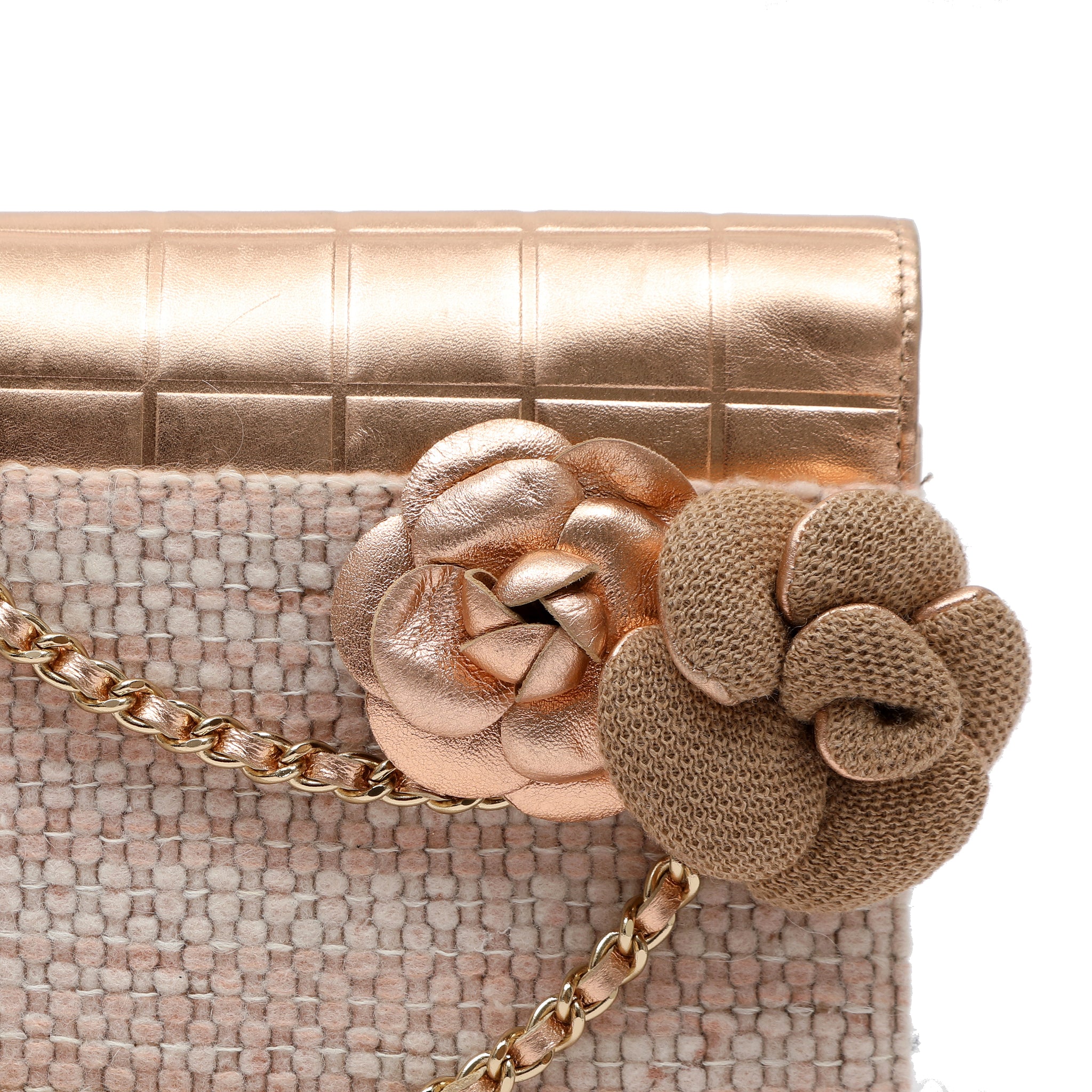 Chanel Pink Tweed and Leather Flap Bag w Camellia Details