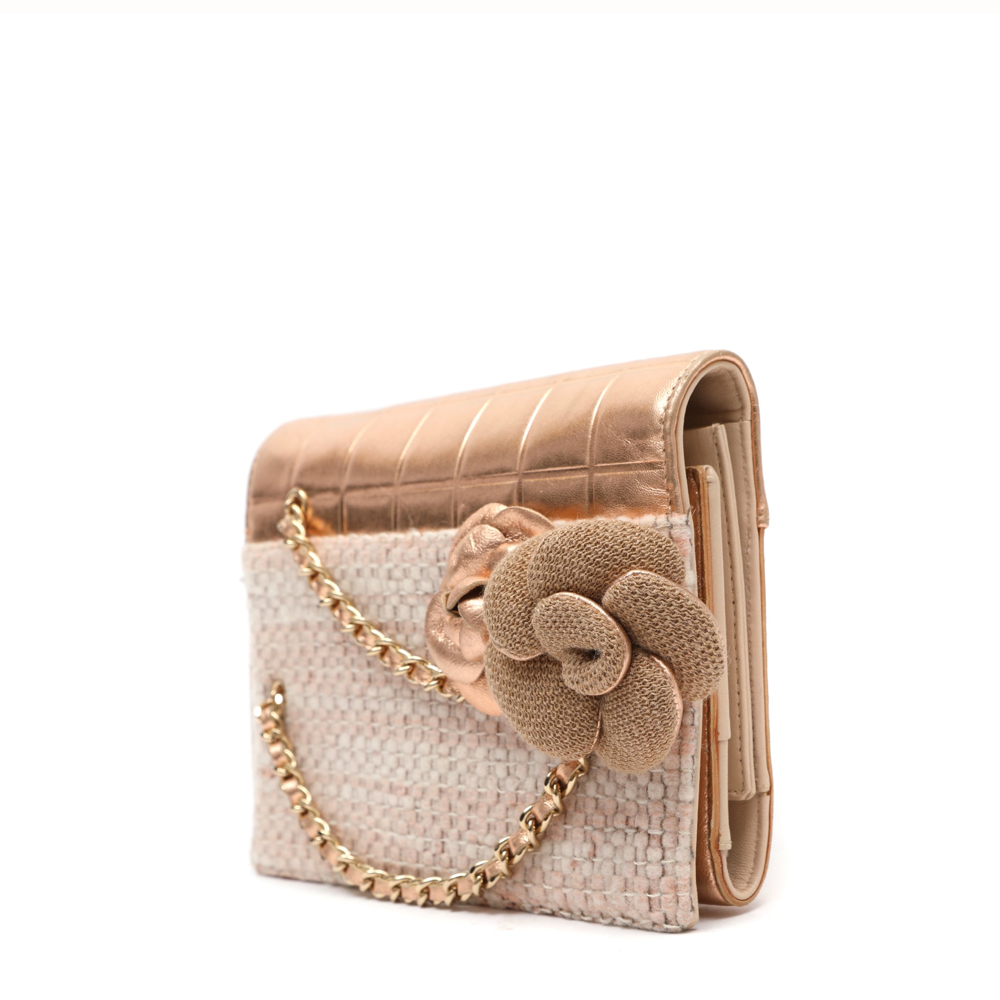 Chanel Pink Tweed and Leather Flap Bag w Camellia Details