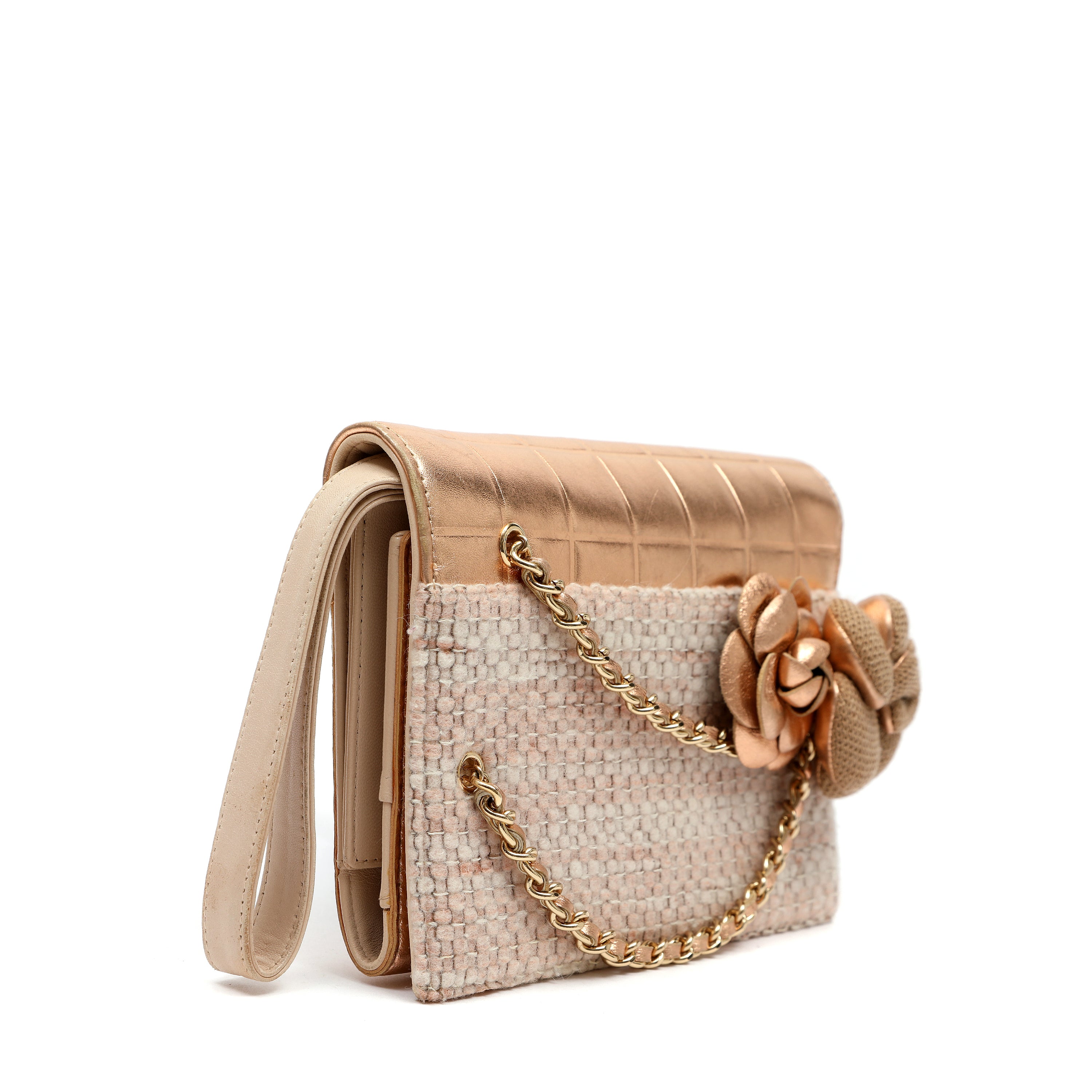 Chanel Pink Tweed and Leather Flap Bag w Camellia Details