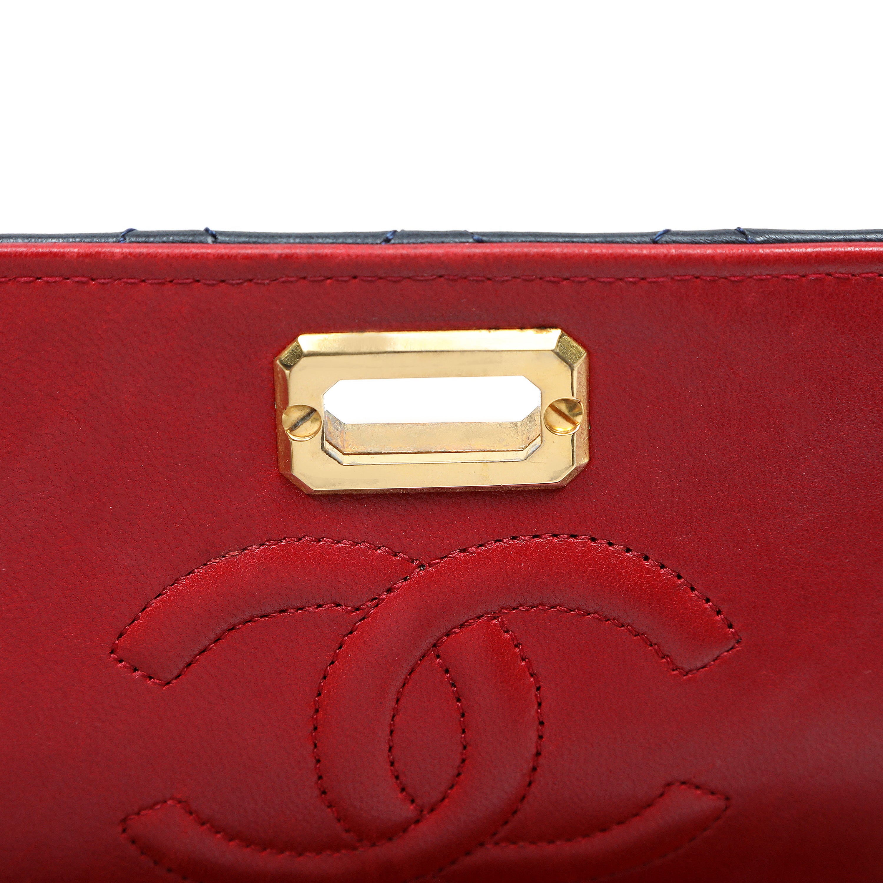 Chanel Vintage Trapezoid Flap Bag Two Tone Red and Black Lambskin w/Gold Hardware