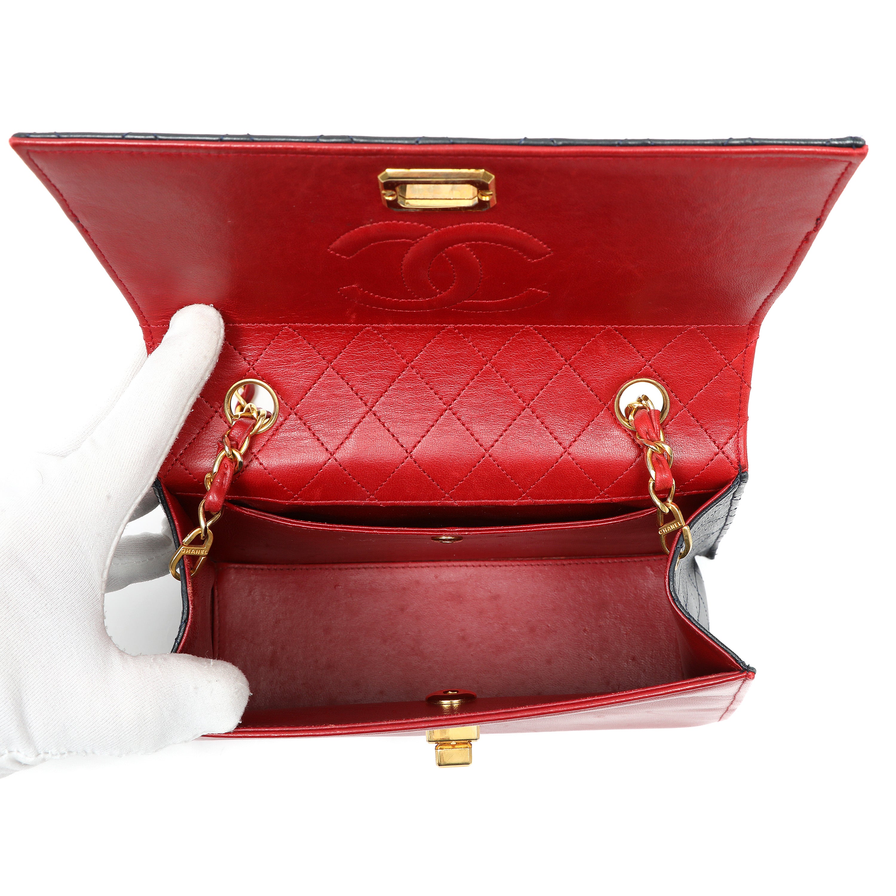 Chanel Vintage Trapezoid Flap Bag Two Tone Red and Black Lambskin w/Gold Hardware